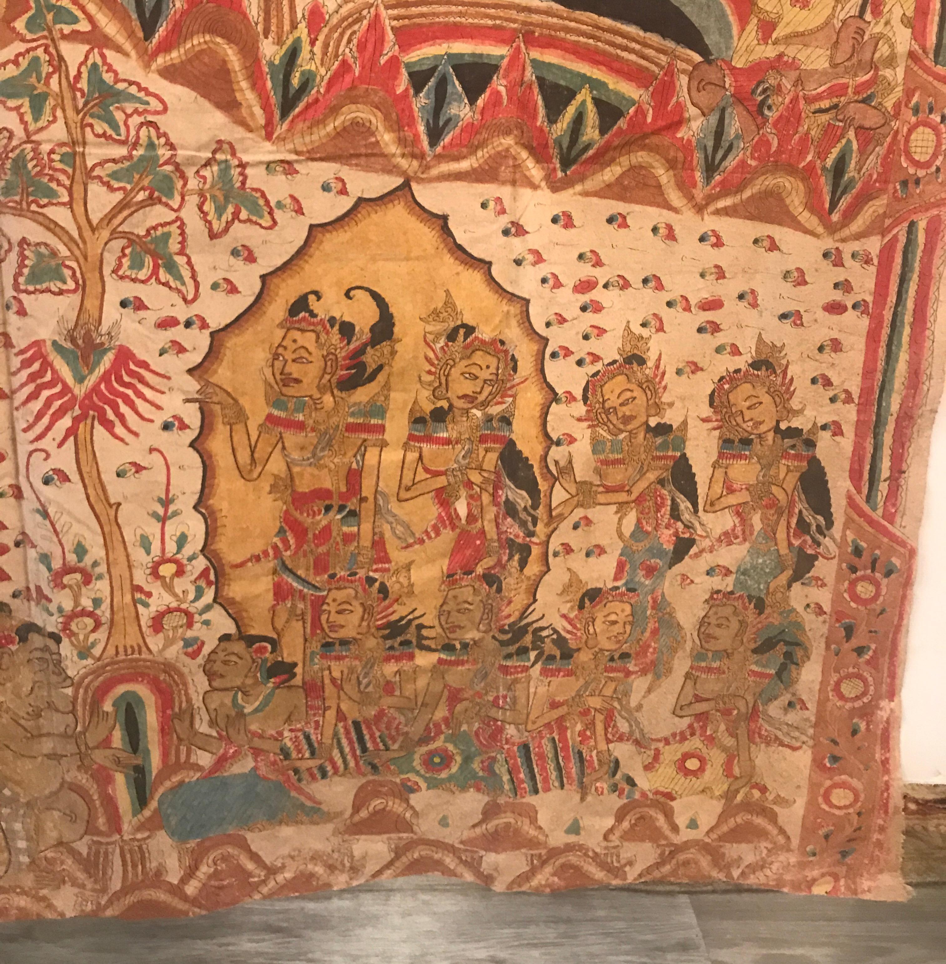 Large Antique Balinese Hand Woven and Painted Batik Tapestry In Good Condition In Lambertville, NJ