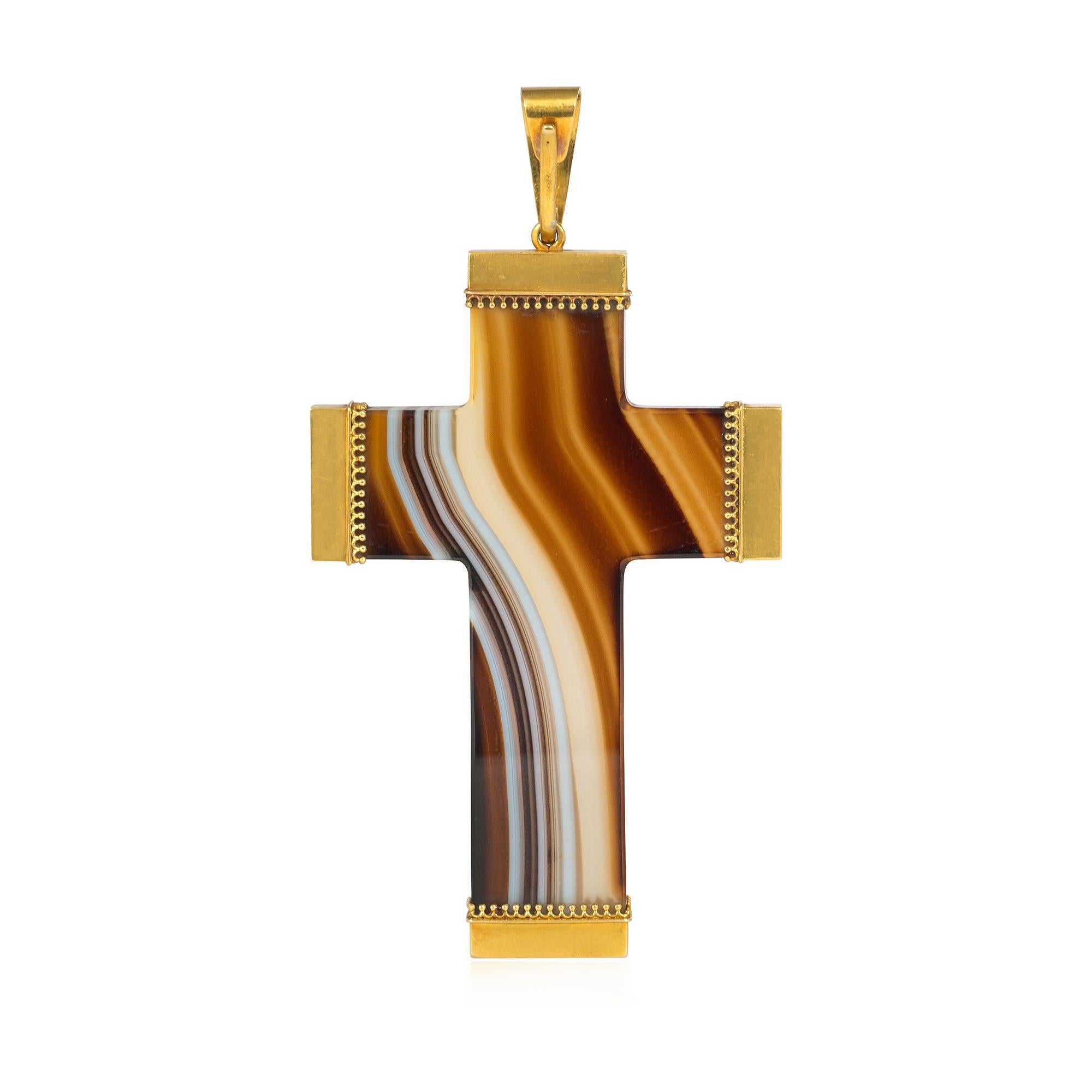 Victorian Large Antique Banded Agate and Gold Cross Pendant  For Sale
