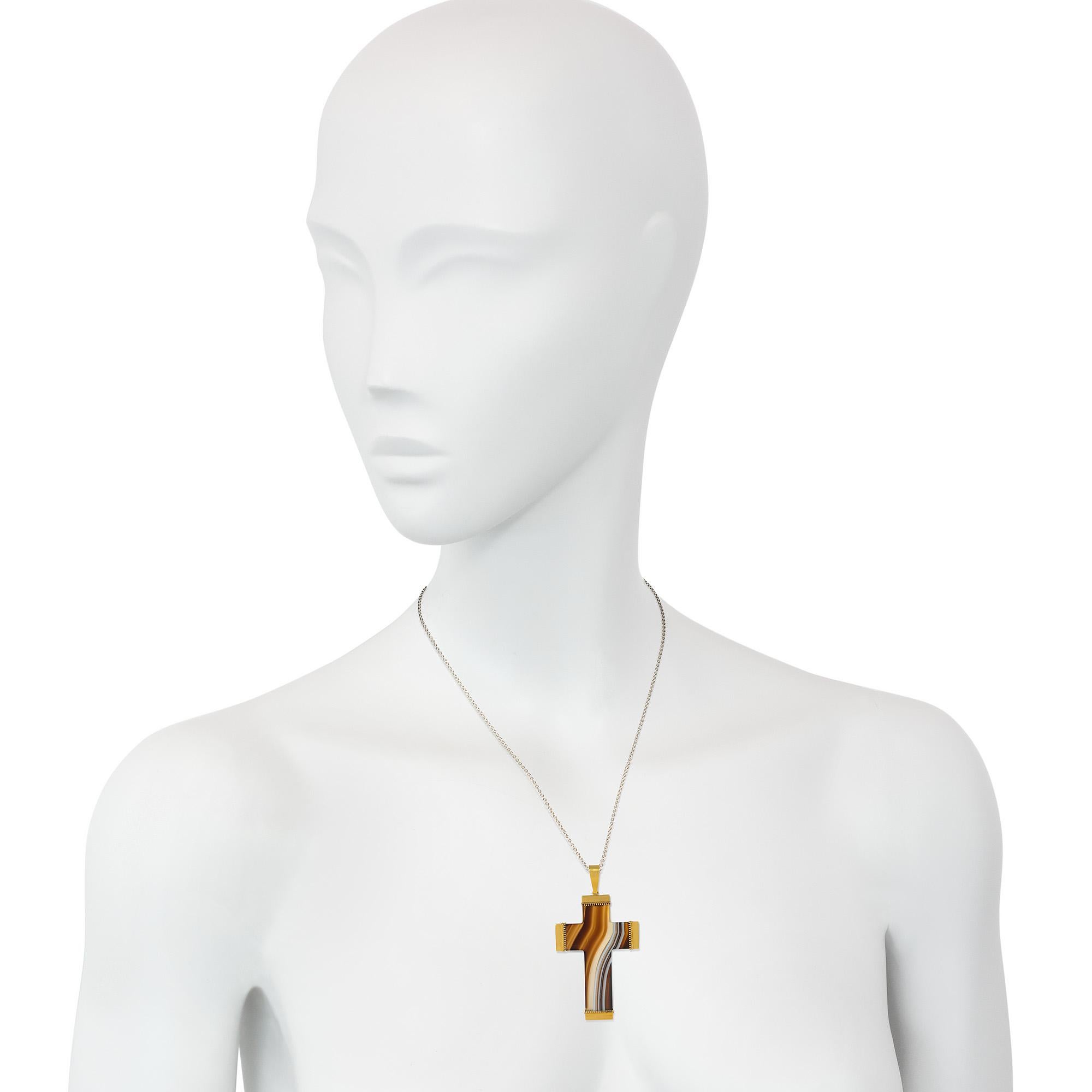 Mixed Cut Large Antique Banded Agate and Gold Cross Pendant  For Sale