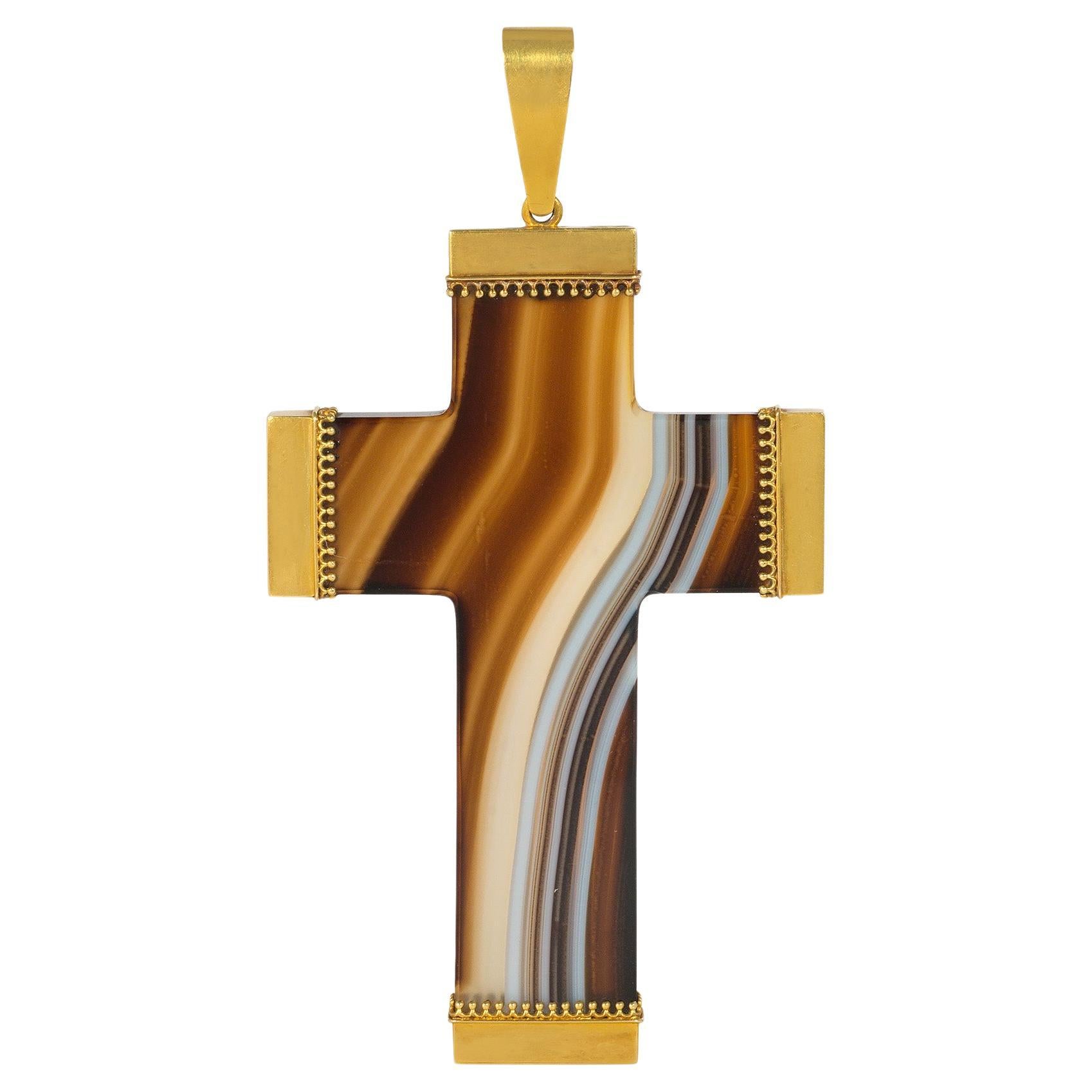 Large Antique Banded Agate and Gold Cross Pendant 