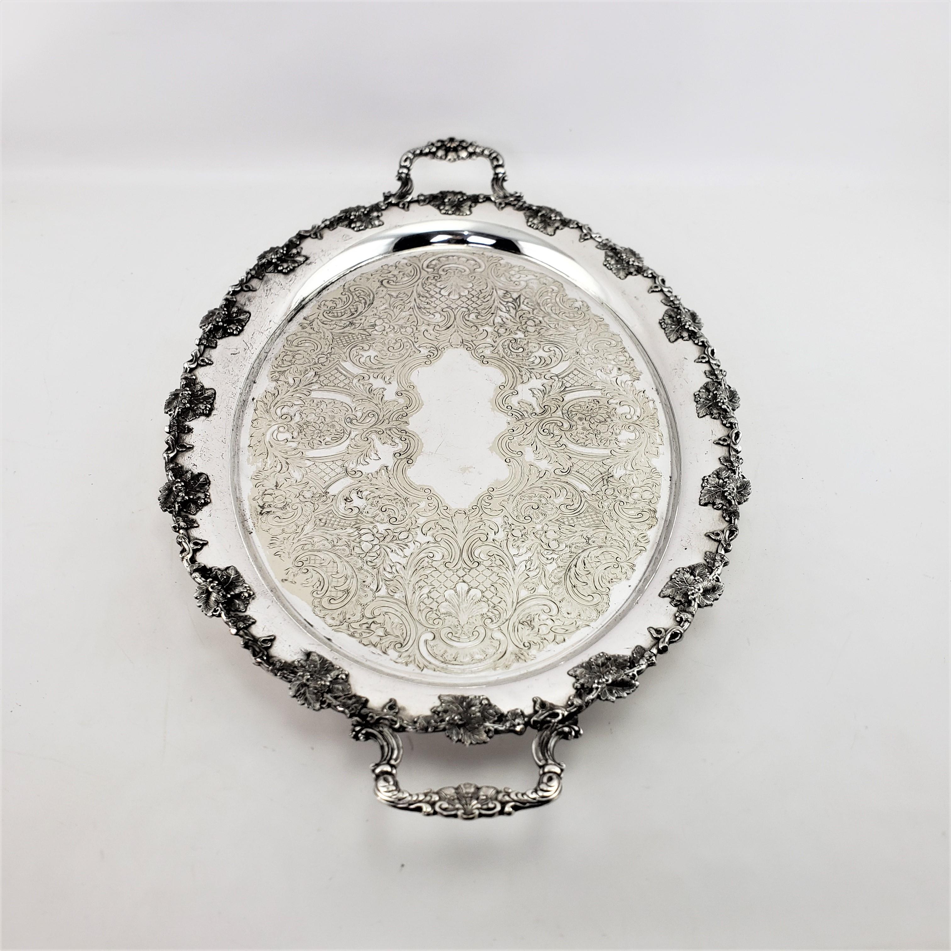 English Large Antique Barker-Ellis Silver Plated Serving Tray with Berry & Leaf Decor