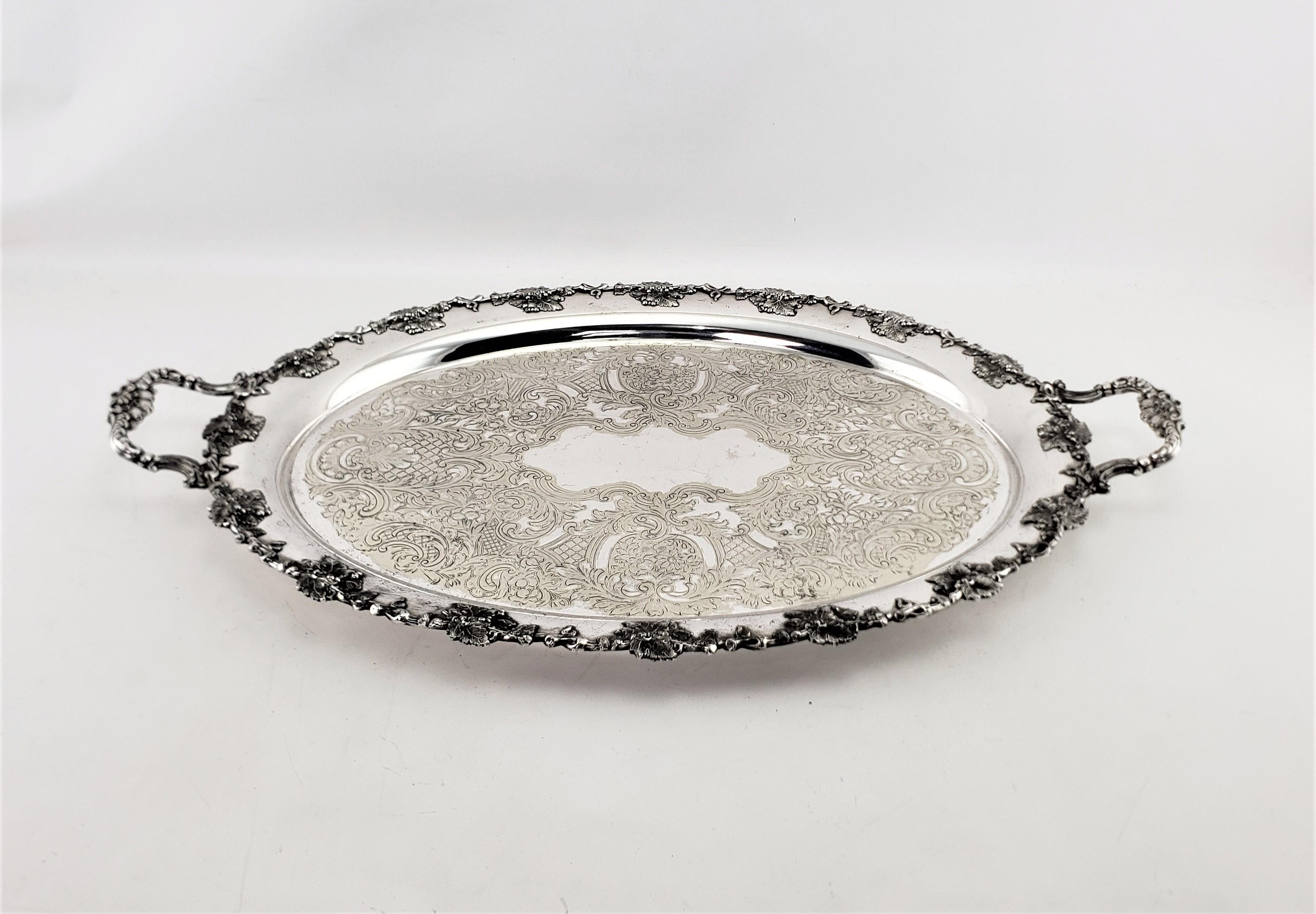 Machine-Made Large Antique Barker-Ellis Silver Plated Serving Tray with Berry & Leaf Decor