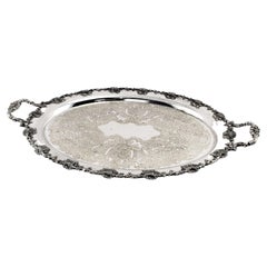 Large Antique Barker-Ellis Silver Plated Serving Tray with Berry & Leaf Decor