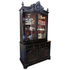 Large Antique Belgian Ebonized Wood Deux Corps Biblioteque Vitrine Bookshelf