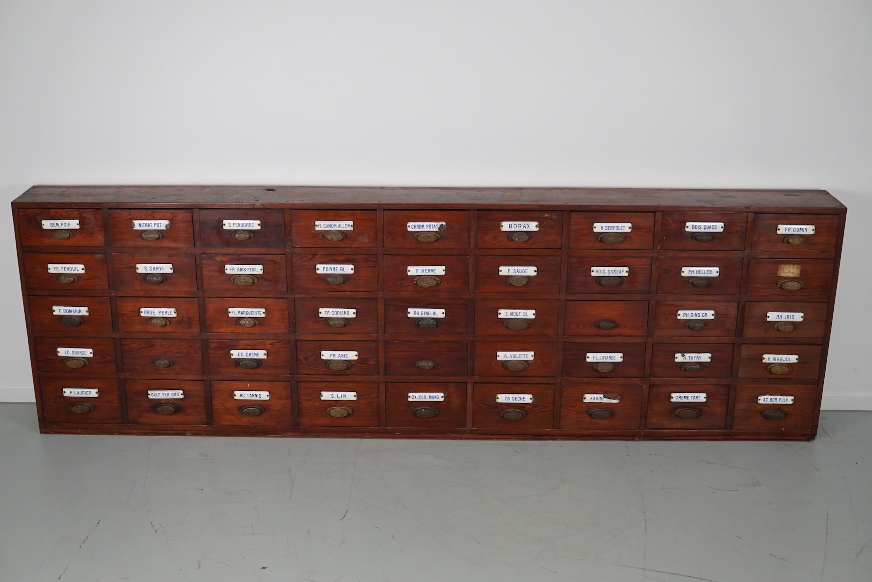  Large Antique Belgian Pitch Pine Apothecary Cabinet with Enamel Shields, 1900s For Sale 4