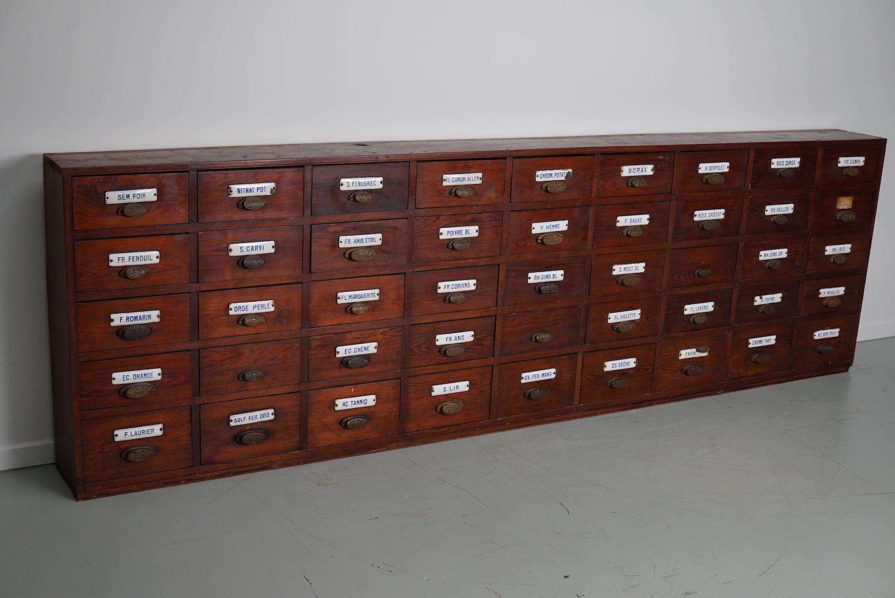  Large Antique Belgian Pitch Pine Apothecary Cabinet with Enamel Shields, 1900s For Sale 7