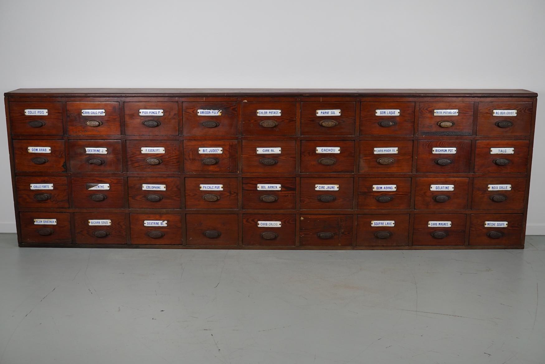  Large Antique Belgian Pitch Pine Apothecary Cabinet with Enamel Shields, 1900s For Sale 5