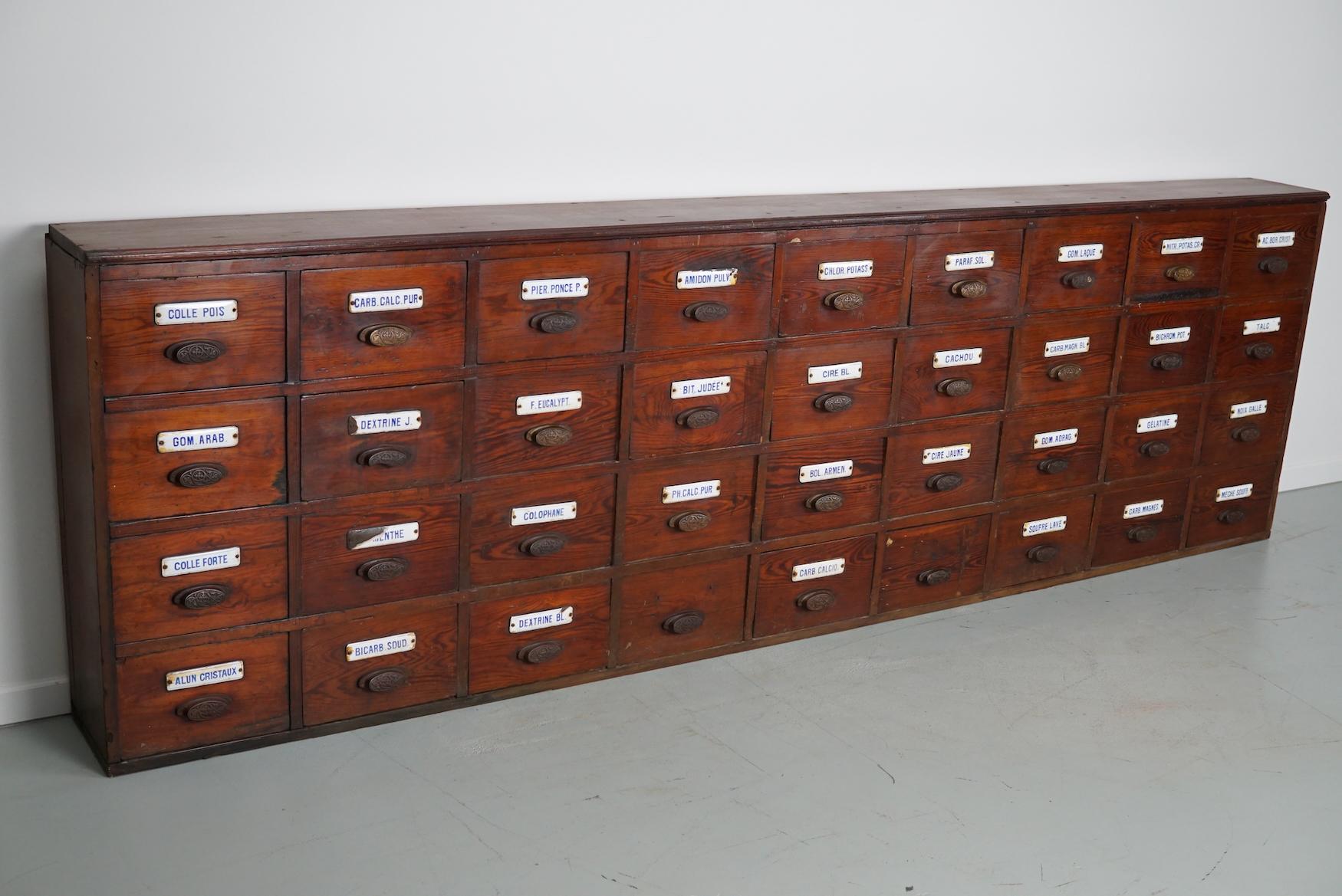  Large Antique Belgian Pitch Pine Apothecary Cabinet with Enamel Shields, 1900s For Sale 6