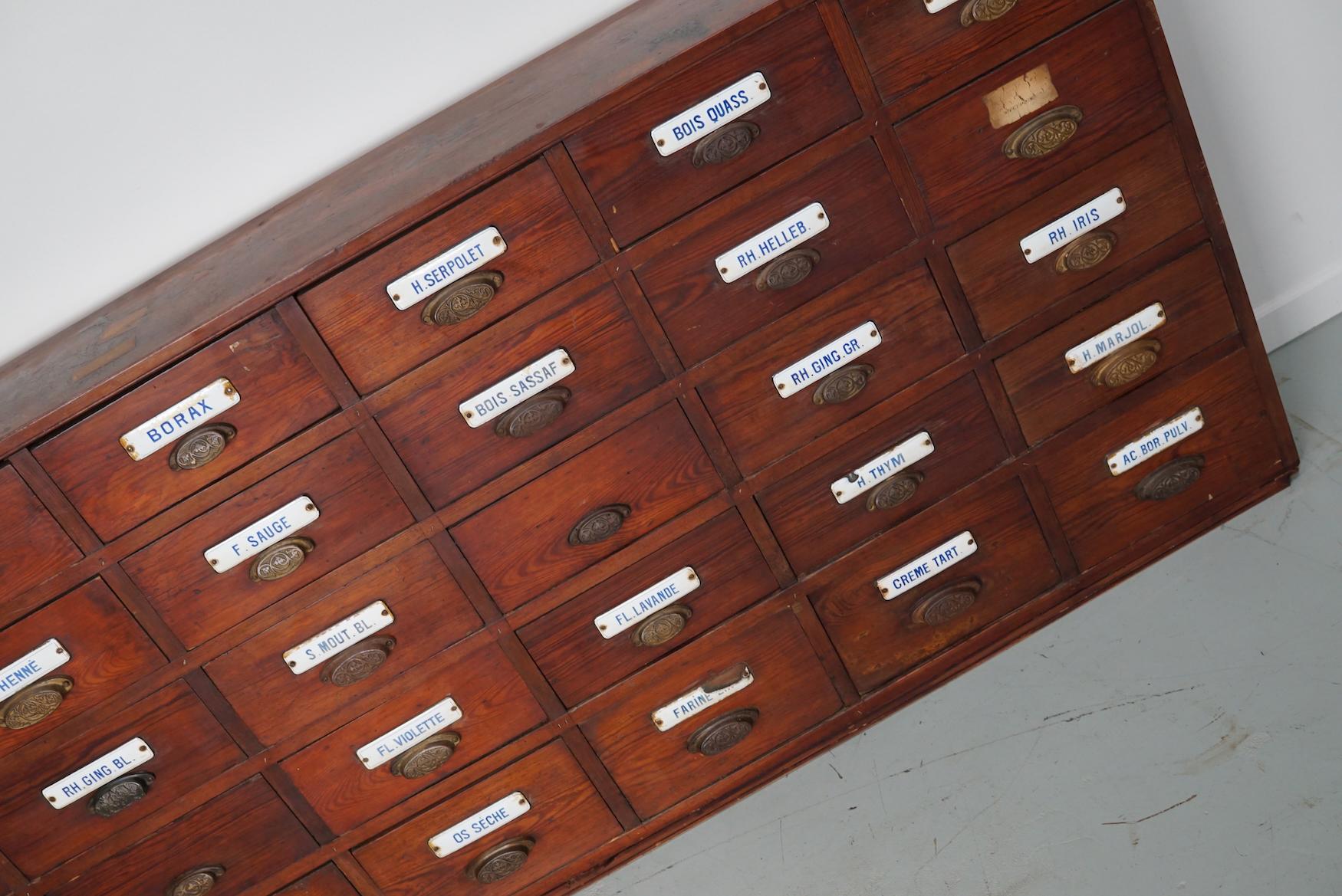  Large Antique Belgian Pitch Pine Apothecary Cabinet with Enamel Shields, 1900s For Sale 13