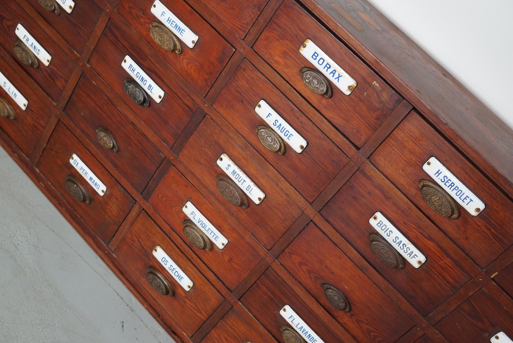  Large Antique Belgian Pitch Pine Apothecary Cabinet with Enamel Shields, 1900s For Sale 1
