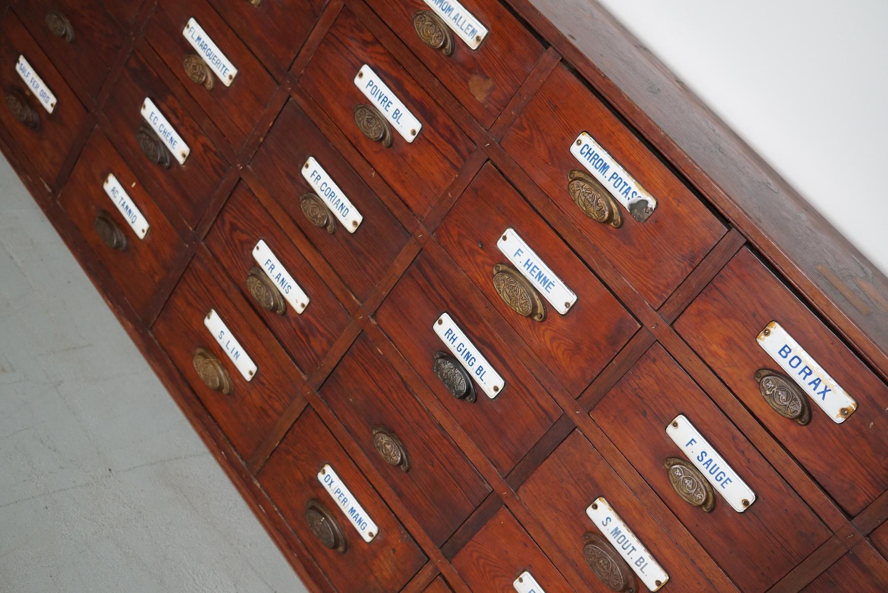  Large Antique Belgian Pitch Pine Apothecary Cabinet with Enamel Shields, 1900s For Sale 2