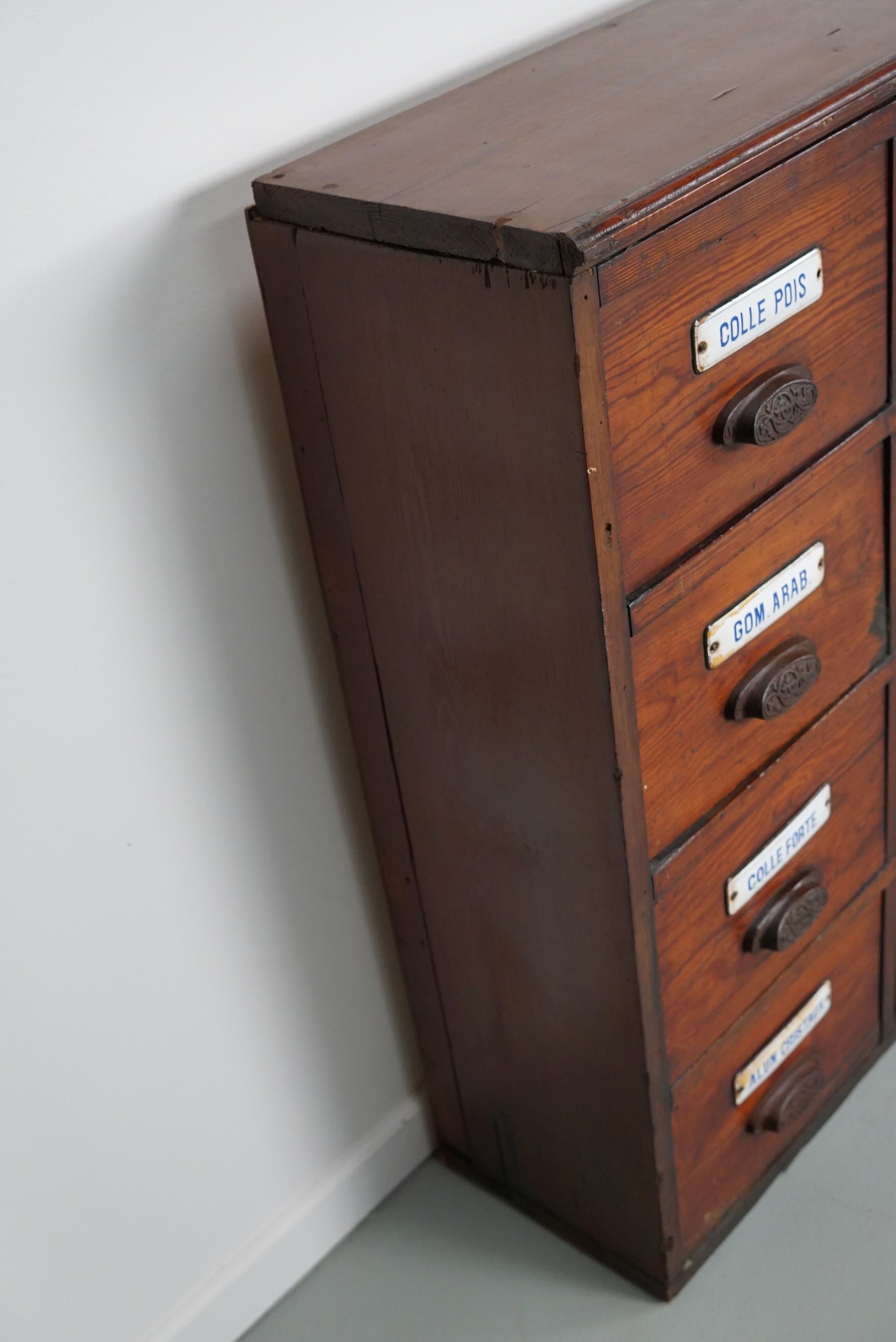 Early 20th Century  Large Antique Belgian Pitch Pine Apothecary Cabinet with Enamel Shields, 1900s For Sale