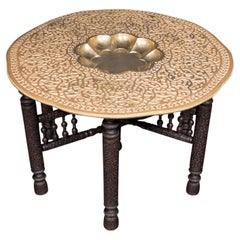 Large Antique Berber Tea Table, Middle East, Brass, Teak, Campaign, Circa 1920