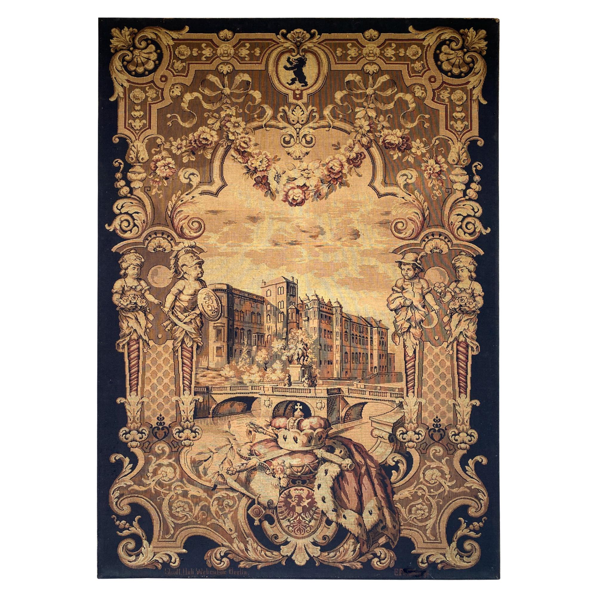 Large Antique Berlin Machine Woven Tapestry in Black, Gold and Burgundy