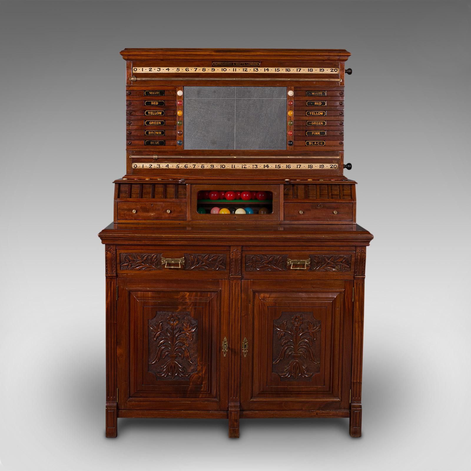 British Large Antique Billiard Scoreboard Cabinet, Walnut, Burroughes & Watts, Edwardian For Sale