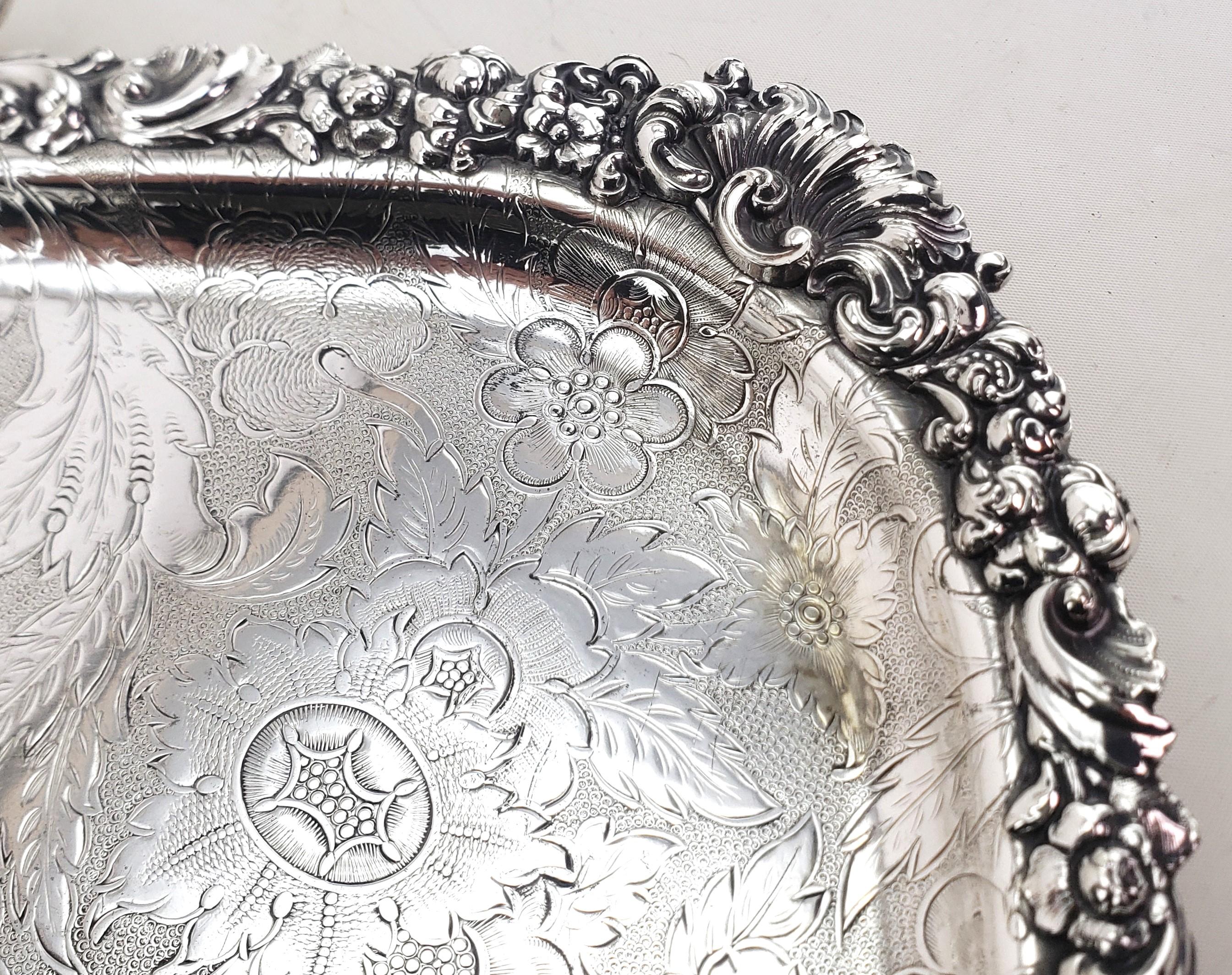 Large Antique Birks Silver Plated Serving Tray with Leaf & Berry Decoration For Sale 3