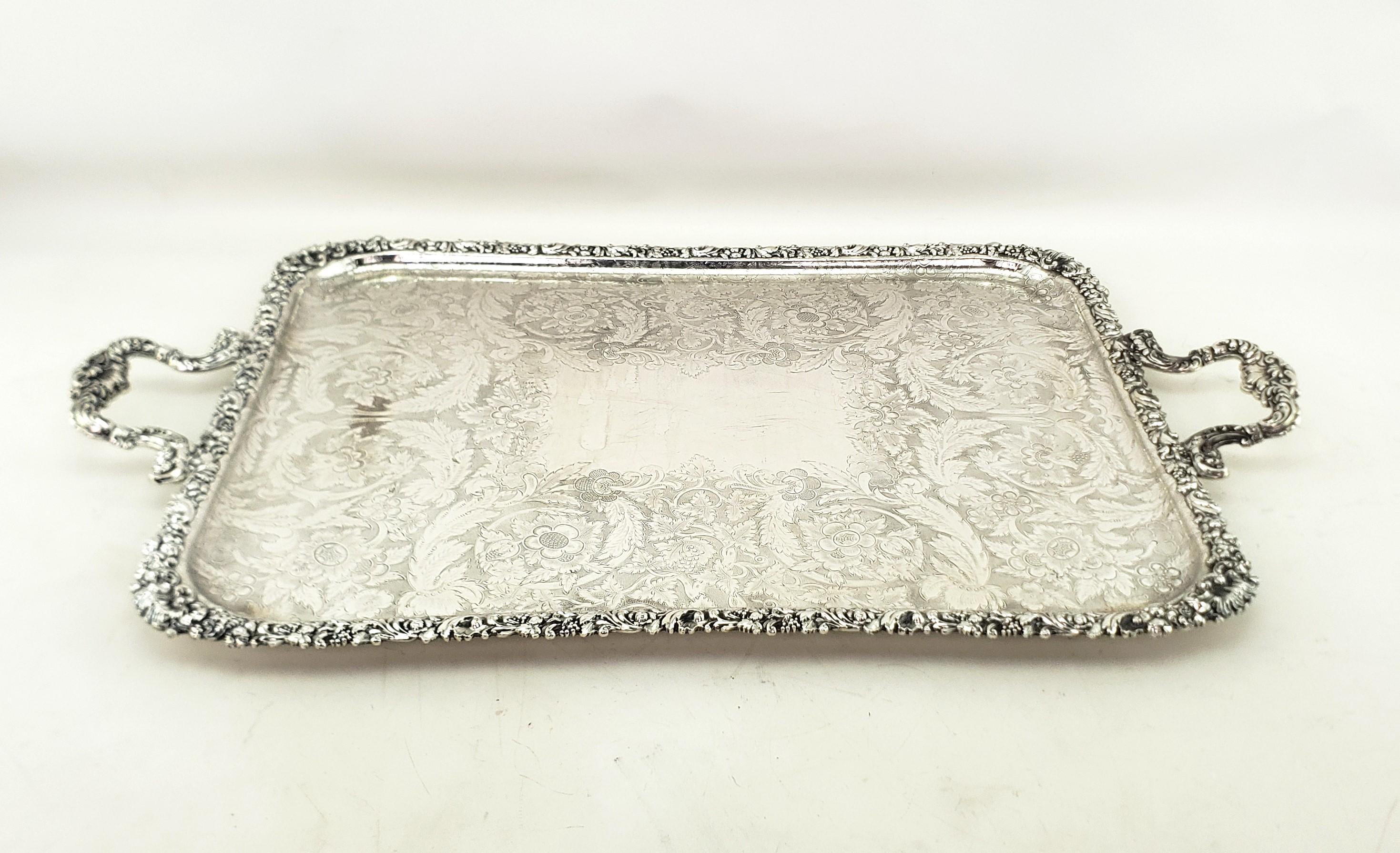 English Large Antique Birks Silver Plated Serving Tray with Leaf & Berry Decoration For Sale