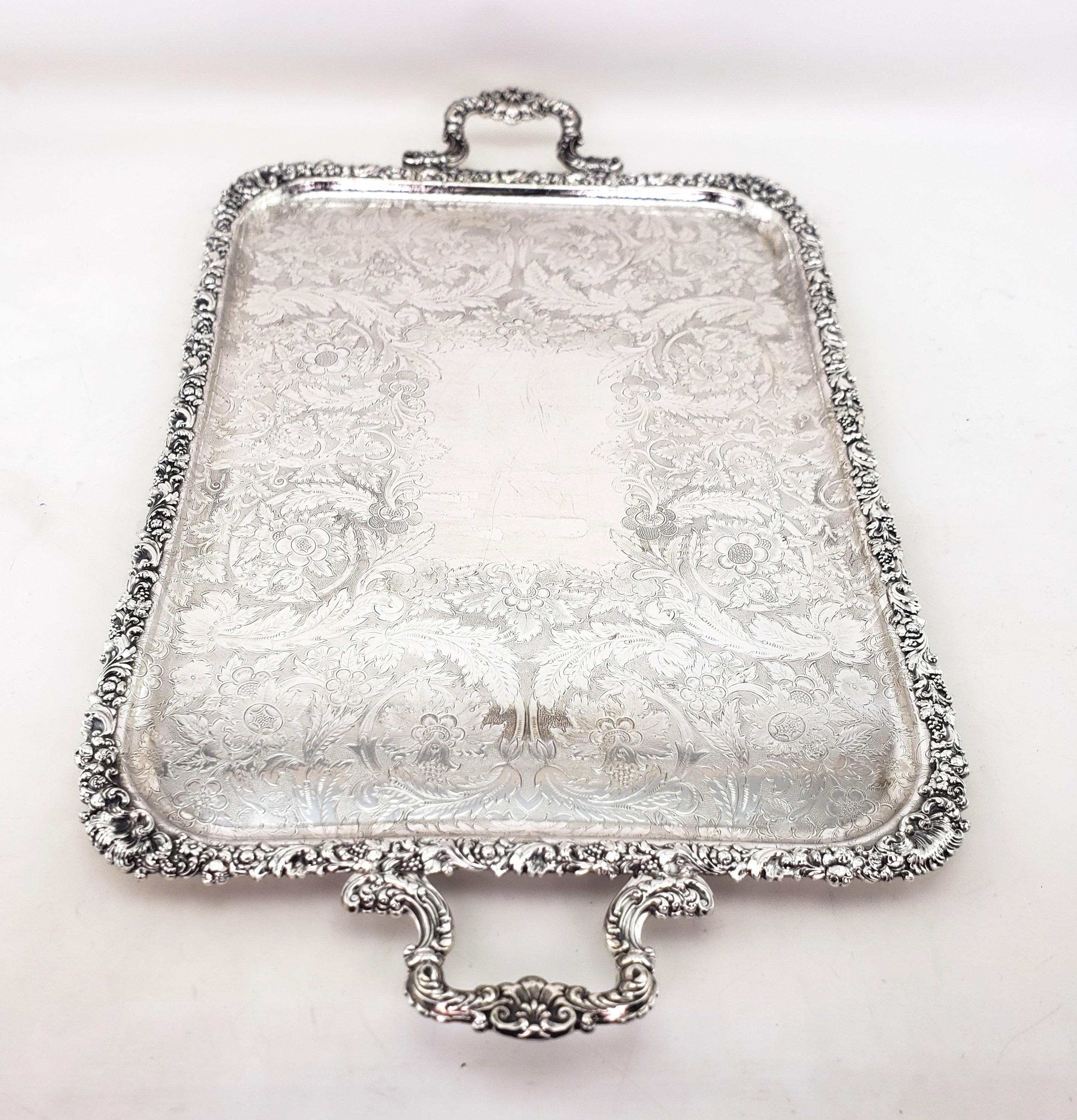 Machine-Made Large Antique Birks Silver Plated Serving Tray with Leaf & Berry Decoration For Sale
