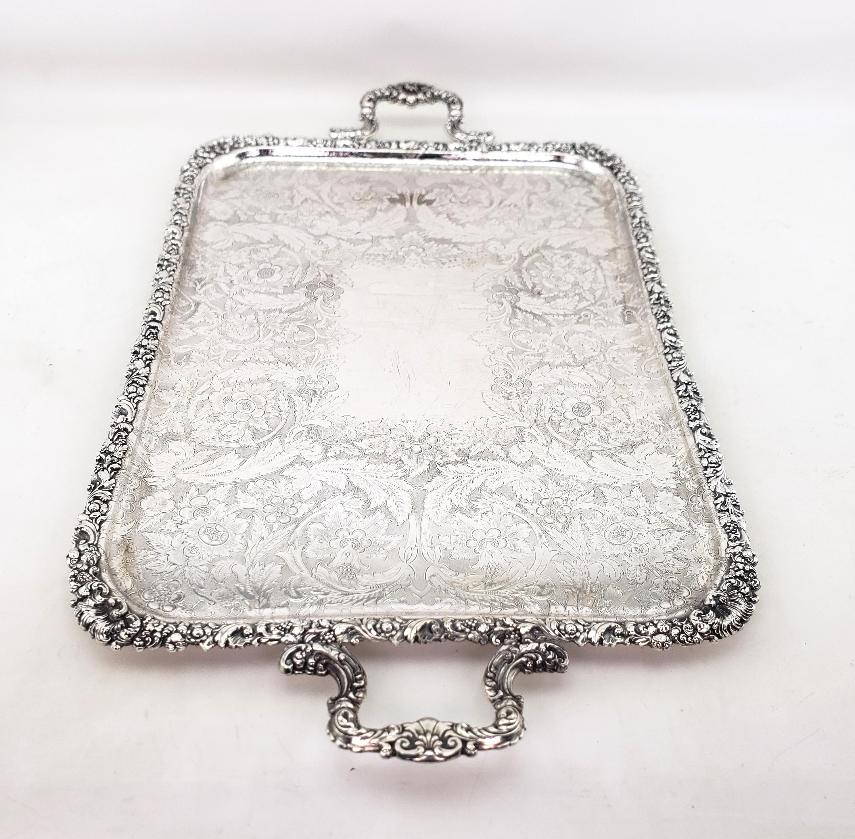 19th Century Large Antique Birks Silver Plated Serving Tray with Leaf & Berry Decoration For Sale