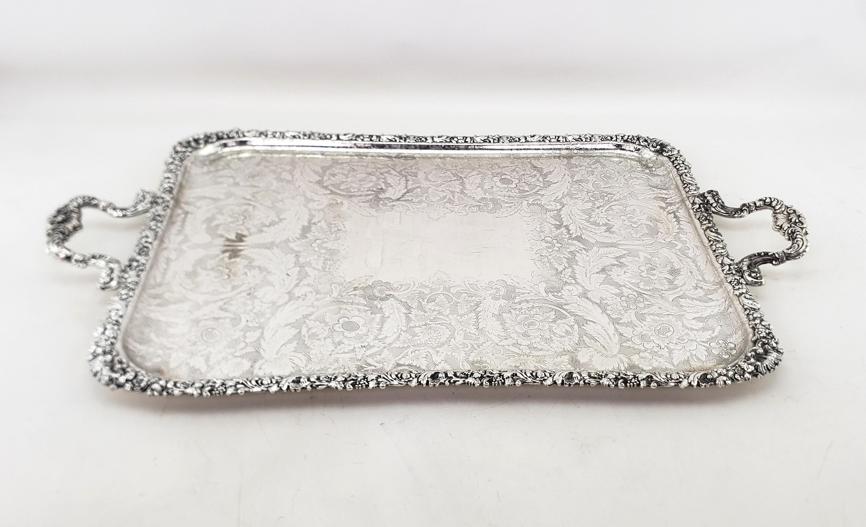 Large Antique Birks Silver Plated Serving Tray with Leaf & Berry Decoration For Sale 1