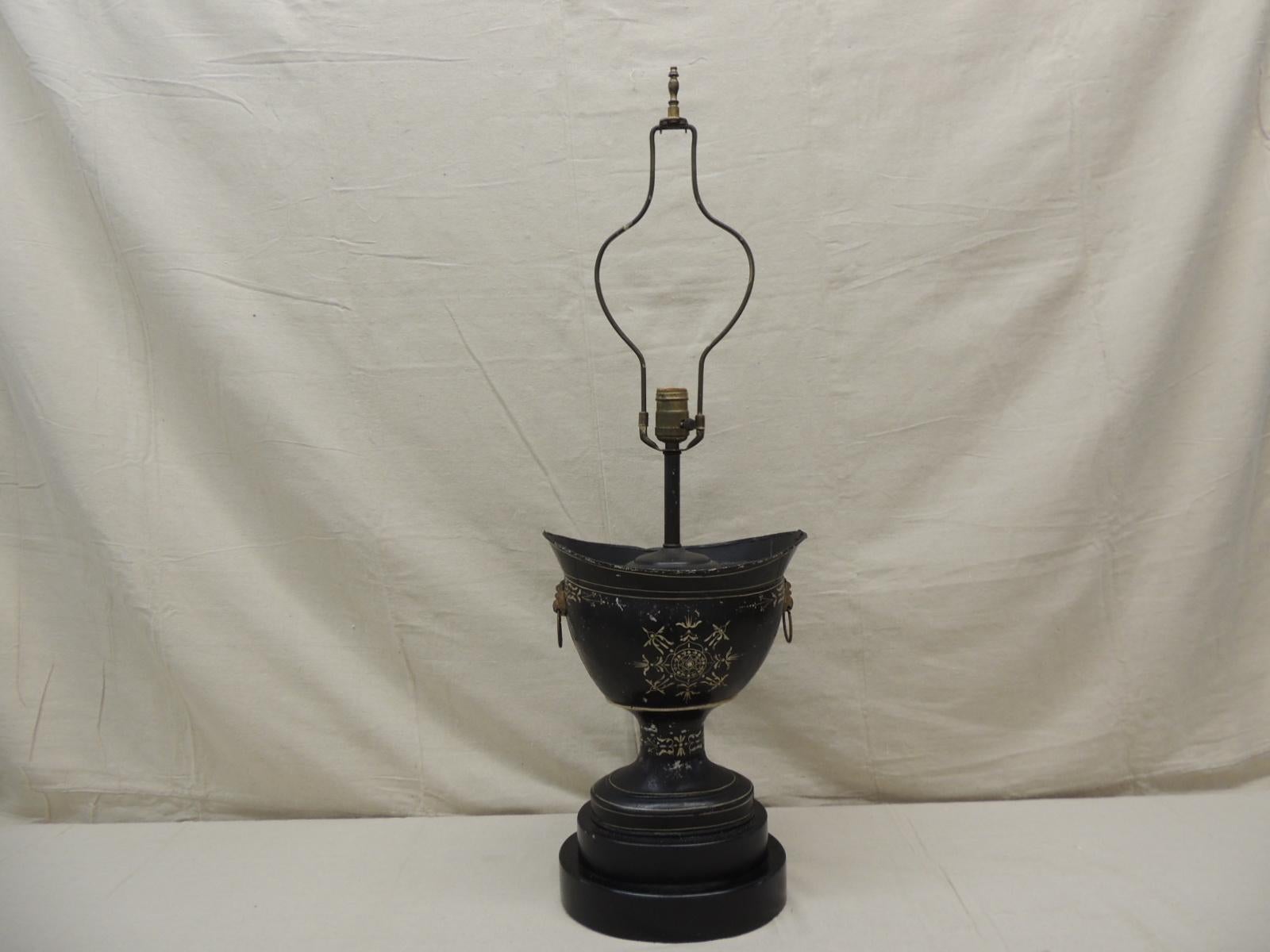 Large Antique Black and Cream Tole Table Lamp For Sale at 1stDibs