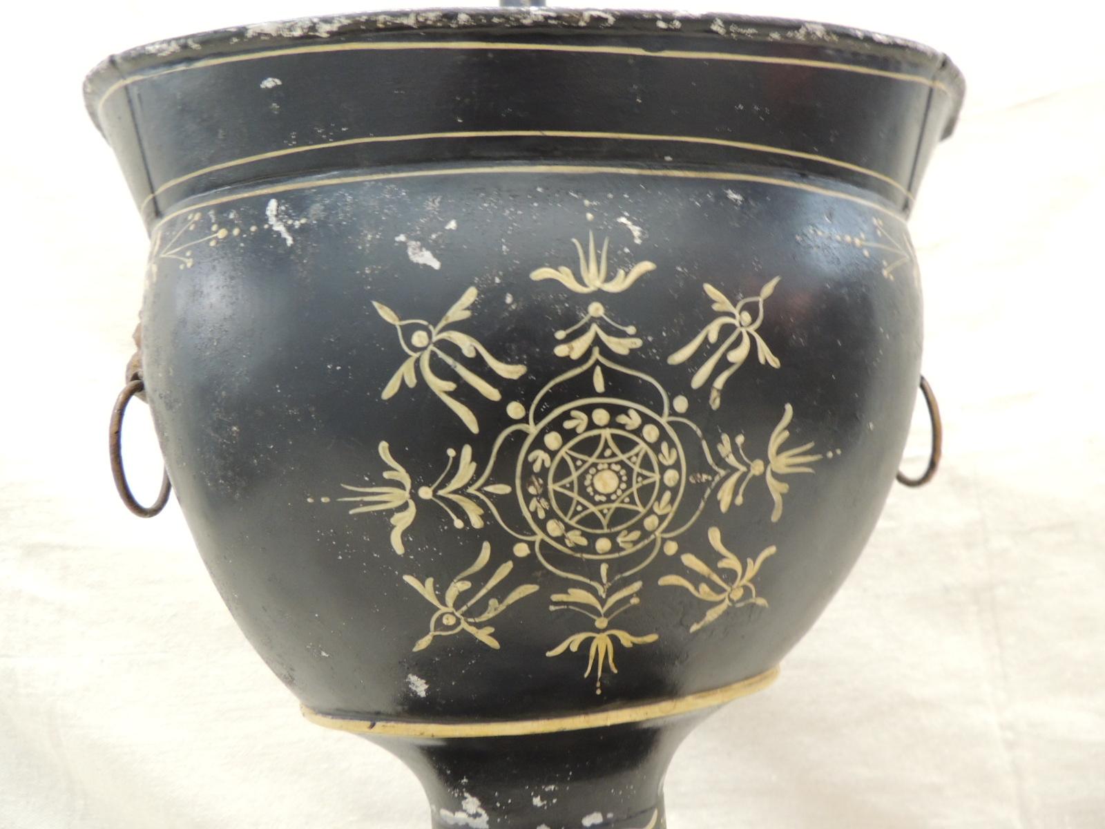 Large Antique Black and Cream Tole Table Lamp For Sale at 1stDibs