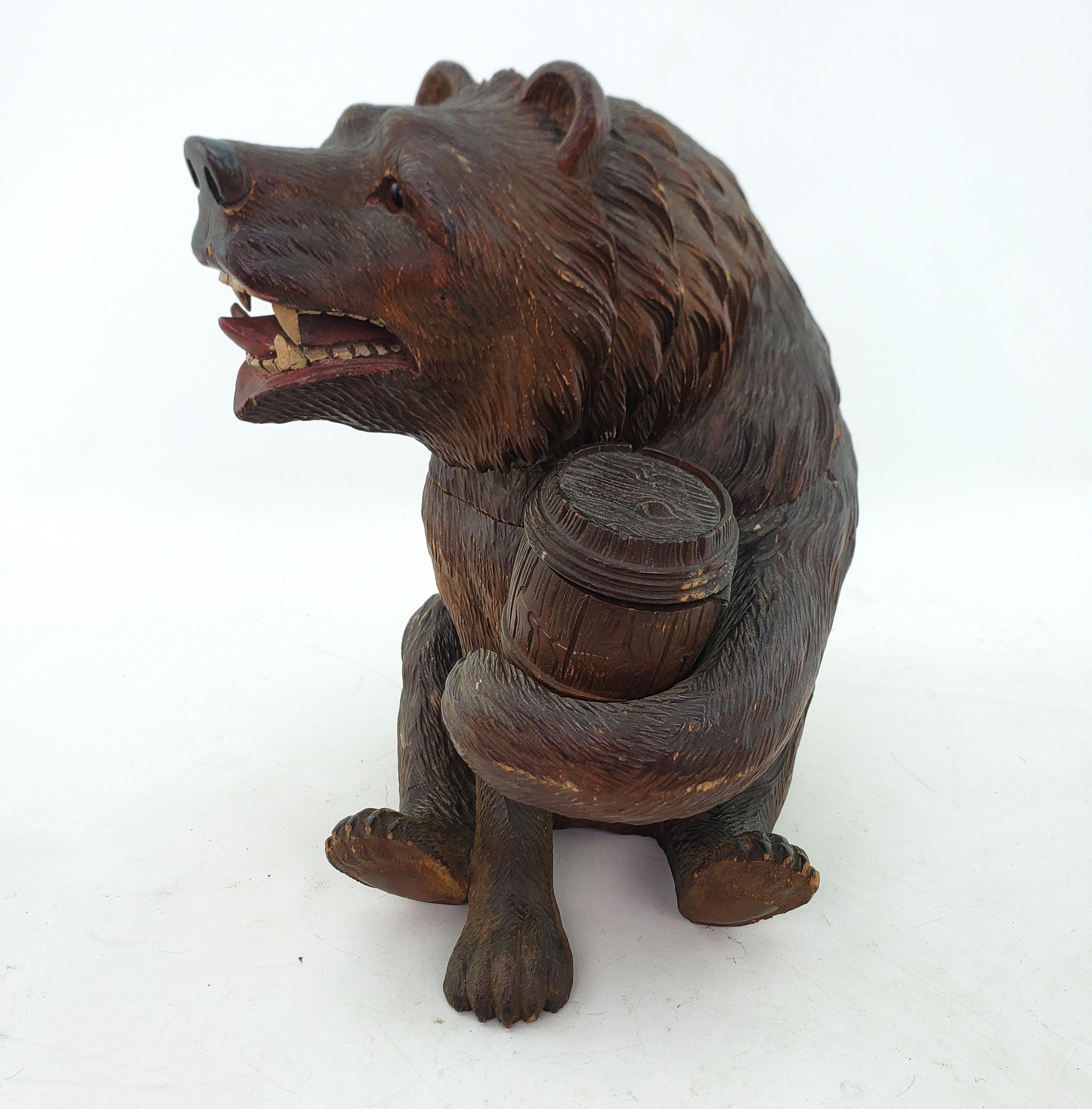 Softwood Large Antique Black Forest Brienz Hand Carved Wood Bear Humidor Sculpture For Sale