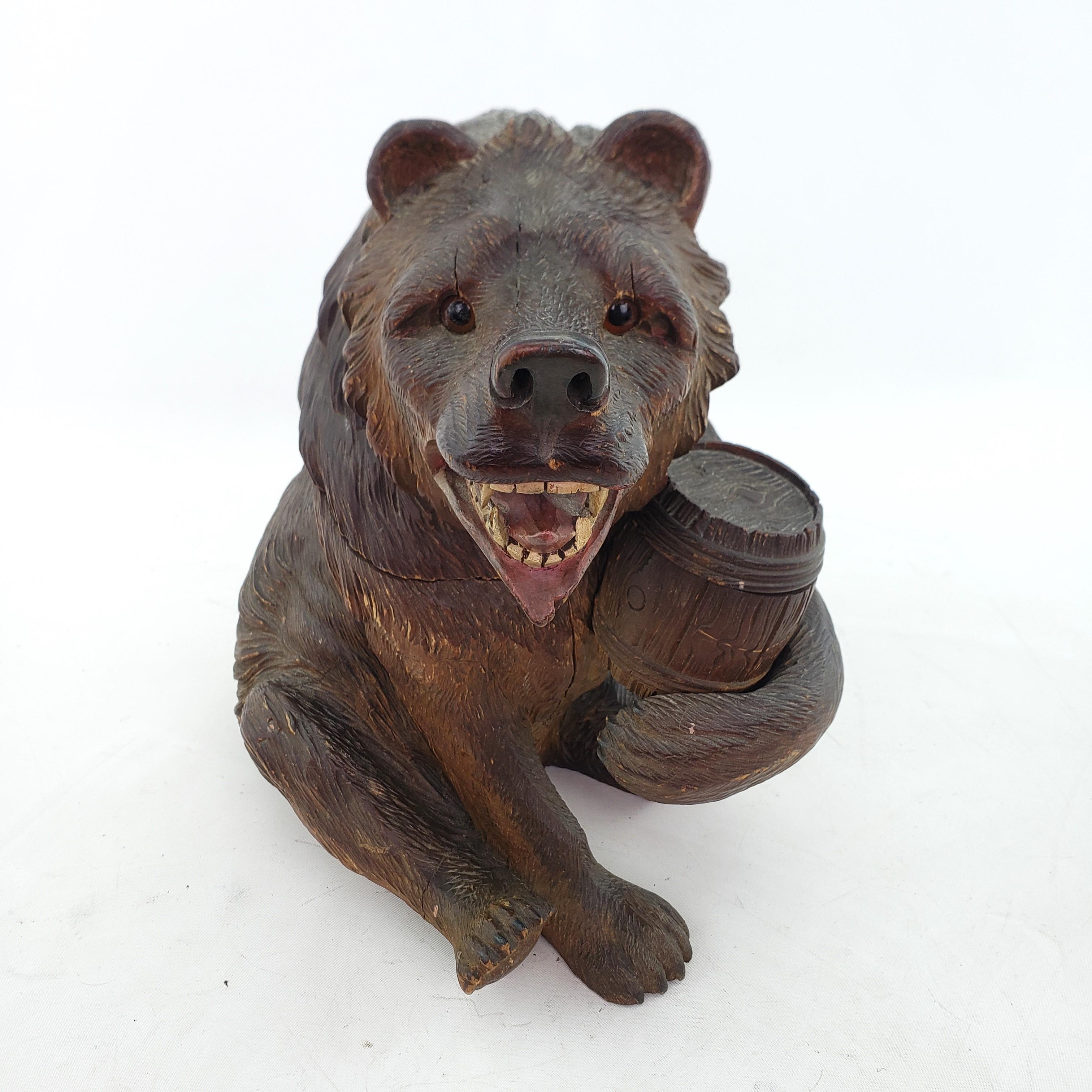 Softwood Large Antique Black Forest Brienz Hand Carved Wood Bear Humidor Sculpture For Sale