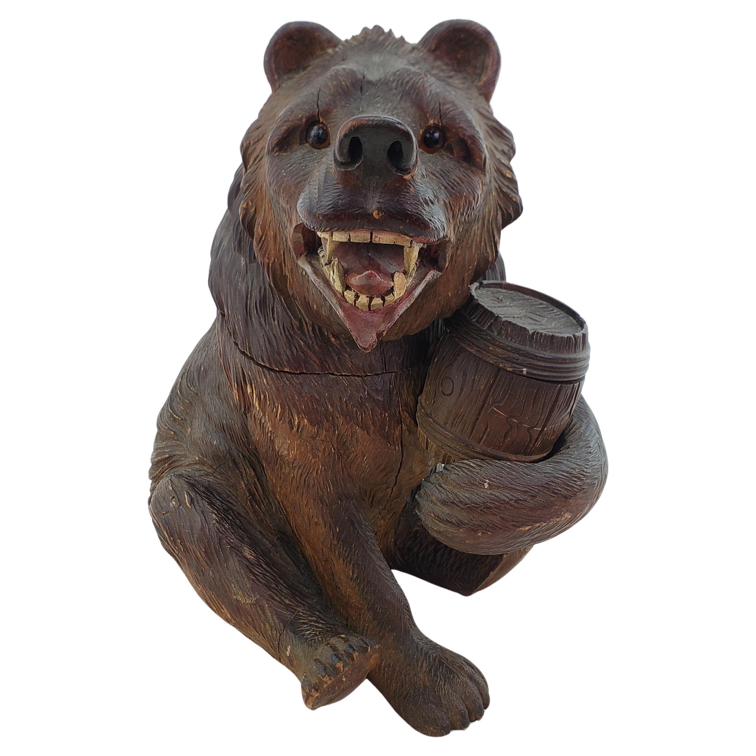Large Antique Black Forest Brienz Hand Carved Wood Bear Humidor Sculpture For Sale