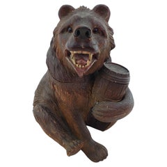 Large Antique Black Forest Brienz Hand Carved Wood Bear Humidor Sculpture