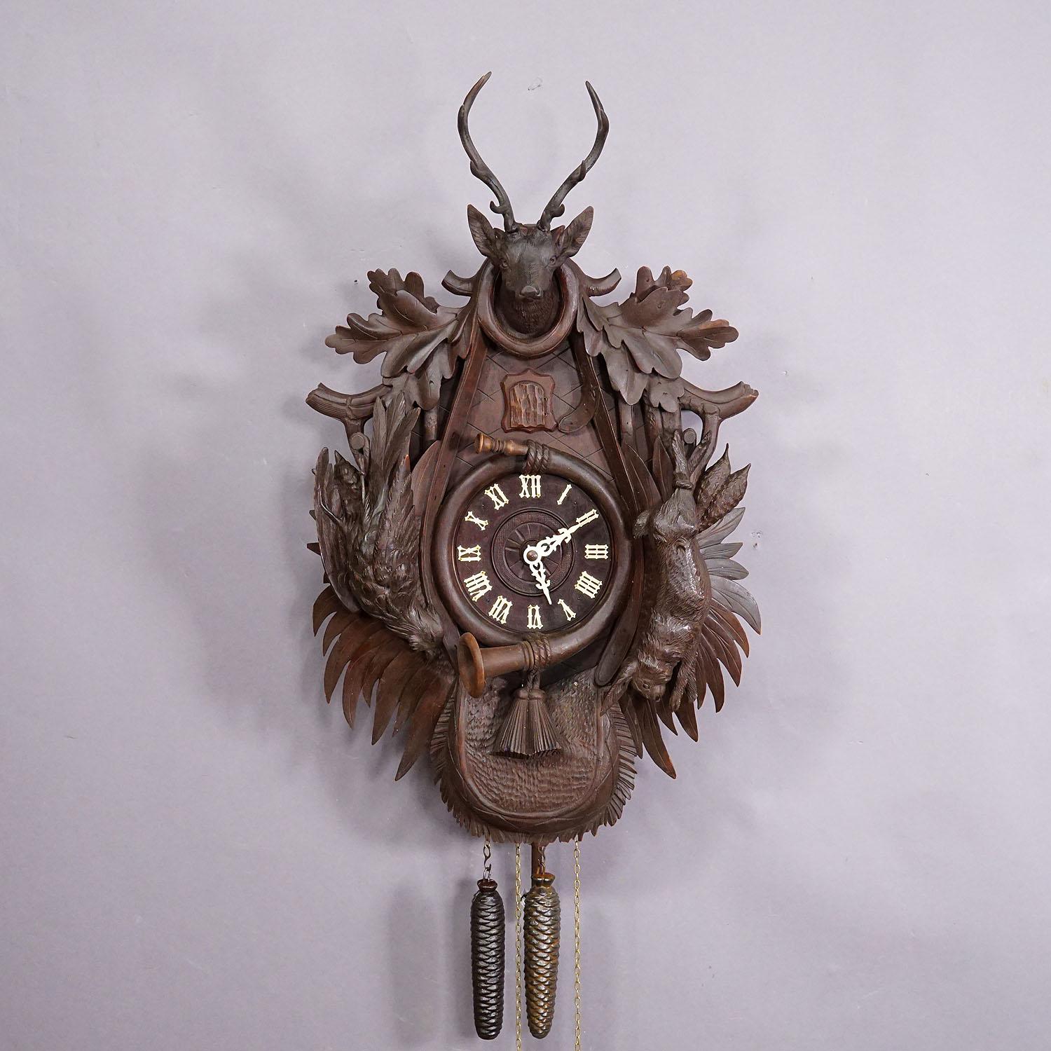 19th Century Large Antique Black Forest Carved Cuckoo Clock with Stag Head For Sale