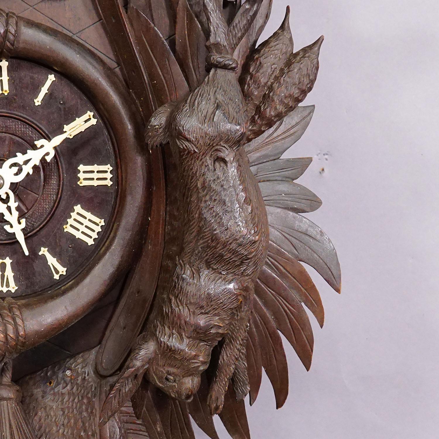 Large Antique Black Forest Carved Cuckoo Clock with Stag Head For Sale 2