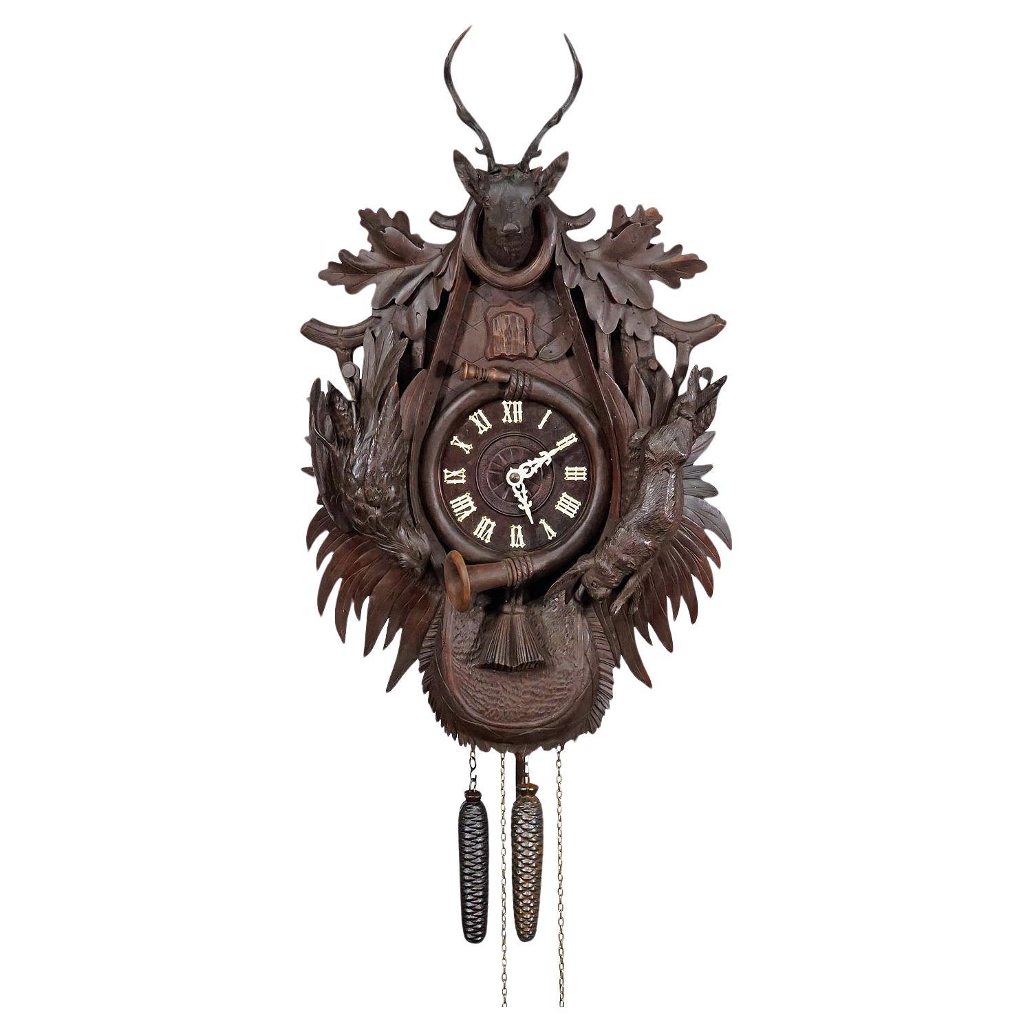 Large Antique Black Forest Carved Cuckoo Clock with Stag Head For Sale