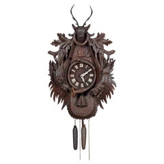 Large Antique Black Forest Carved Cuckoo Clock with Stag Head