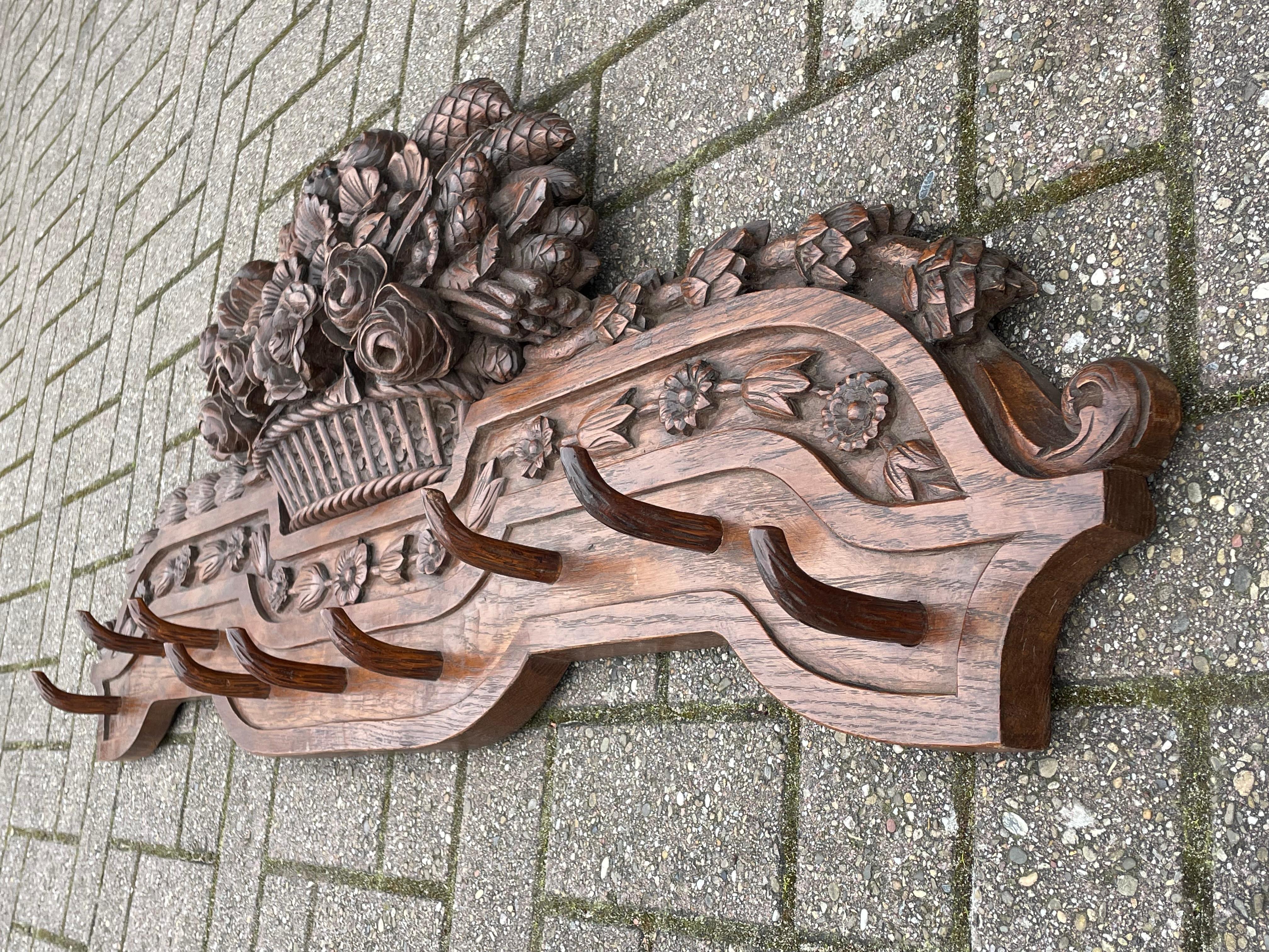 Large Antique Black Forest Wall Coat Rack w. Hand Carved Basket of Flowers 1890s For Sale 3