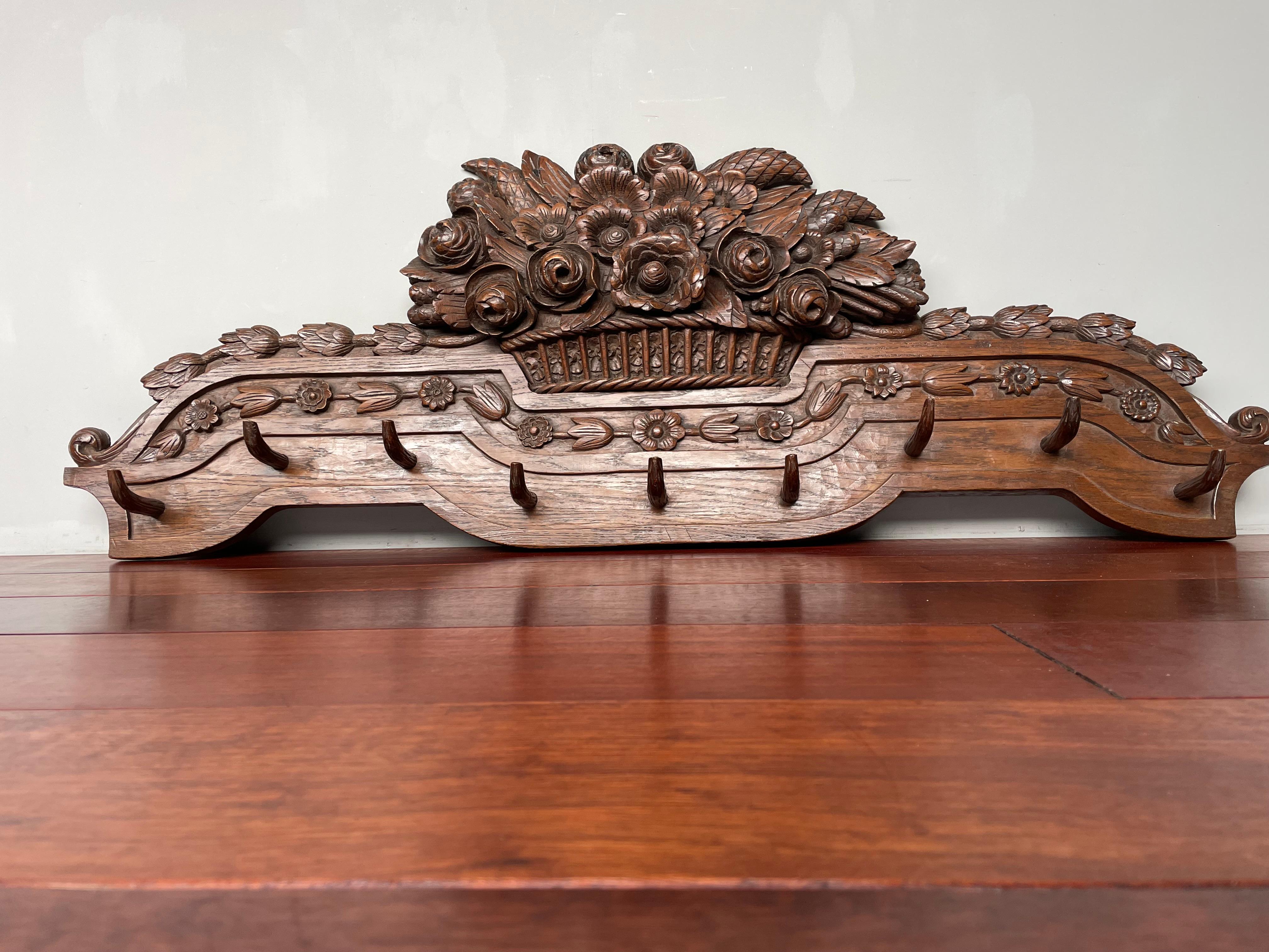 Large Antique Black Forest Wall Coat Rack w. Hand Carved Basket of Flowers 1890s For Sale 8