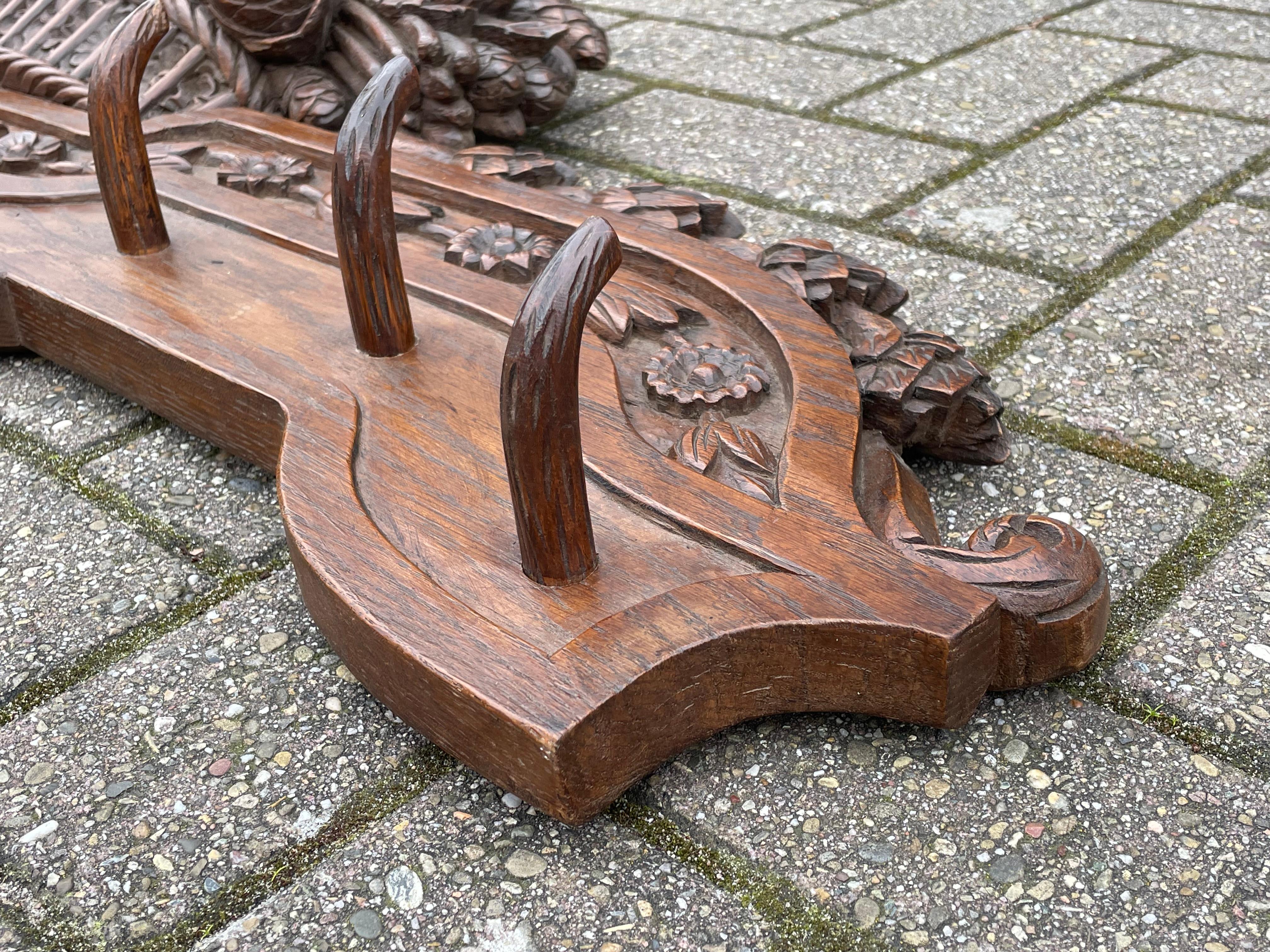 Large Antique Black Forest Wall Coat Rack w. Hand Carved Basket of Flowers 1890s For Sale 7