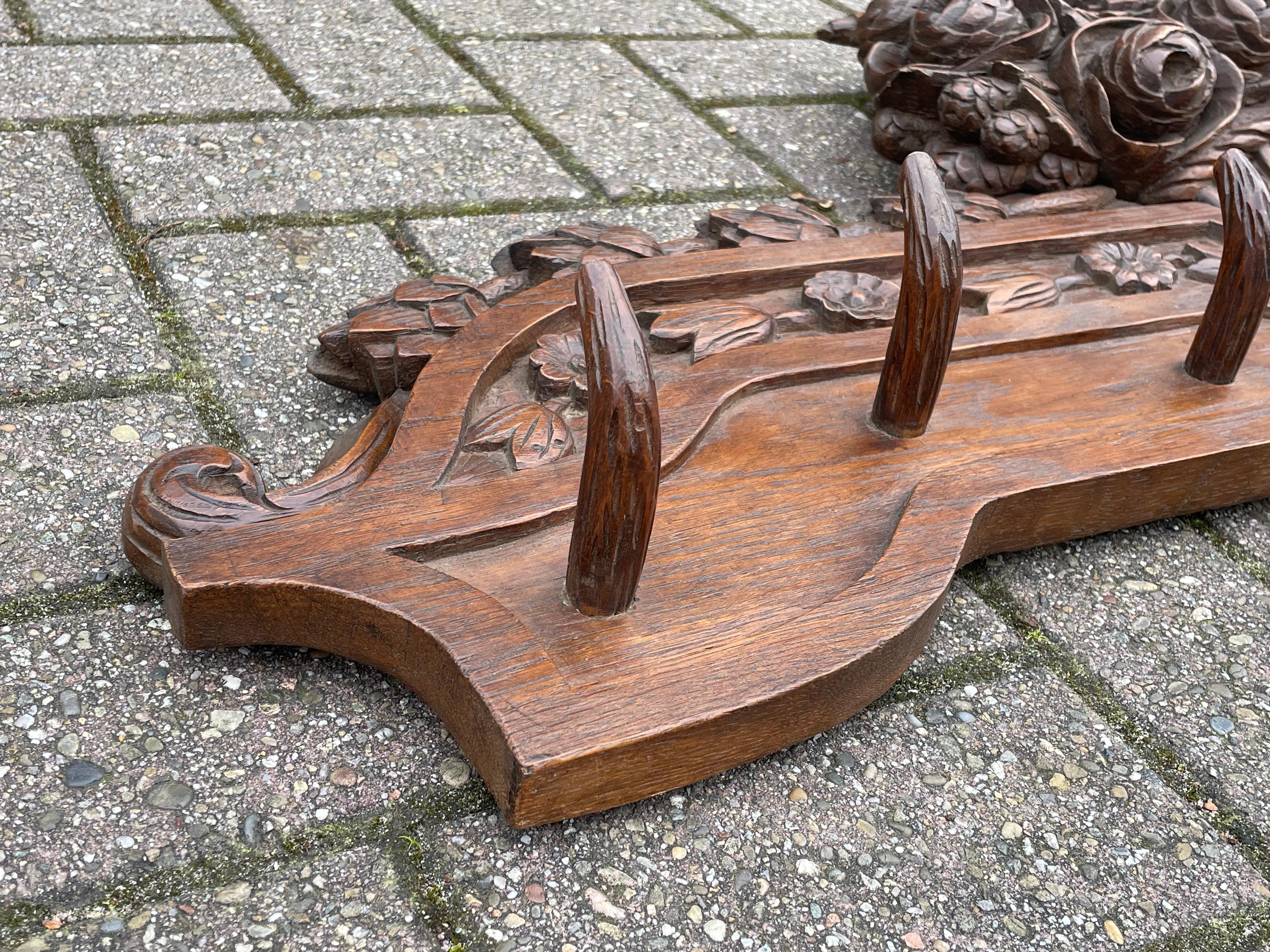 Large Antique Black Forest Wall Coat Rack w. Hand Carved Basket of Flowers 1890s For Sale 9