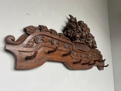 Large Antique Black Forest Wall Coat Rack w. Hand Carved Basket of Flowers 1890s