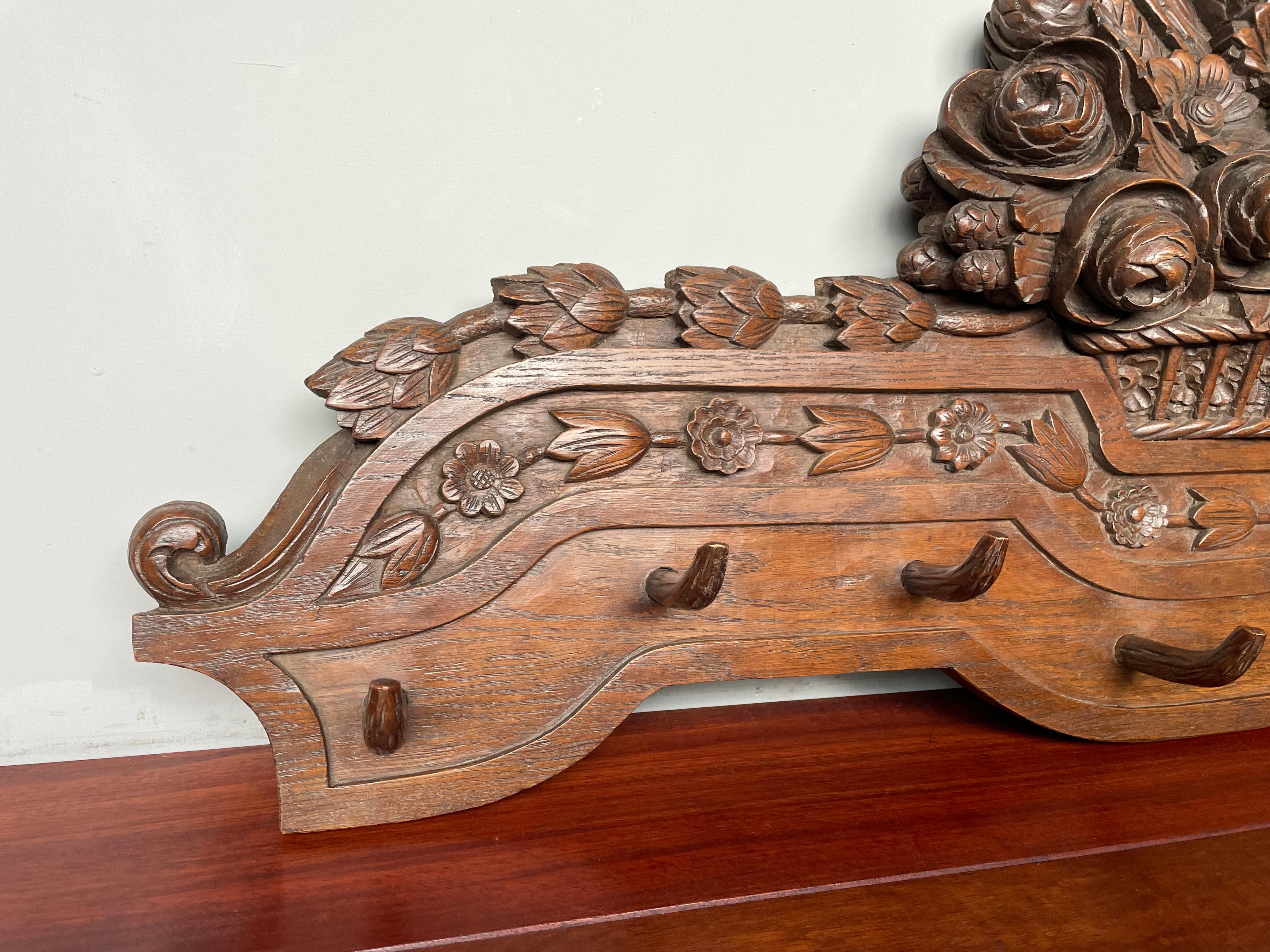Large Antique Black Forest Wall Coat Rack w. Hand Carved Basket of Flowers 1890s For Sale 10