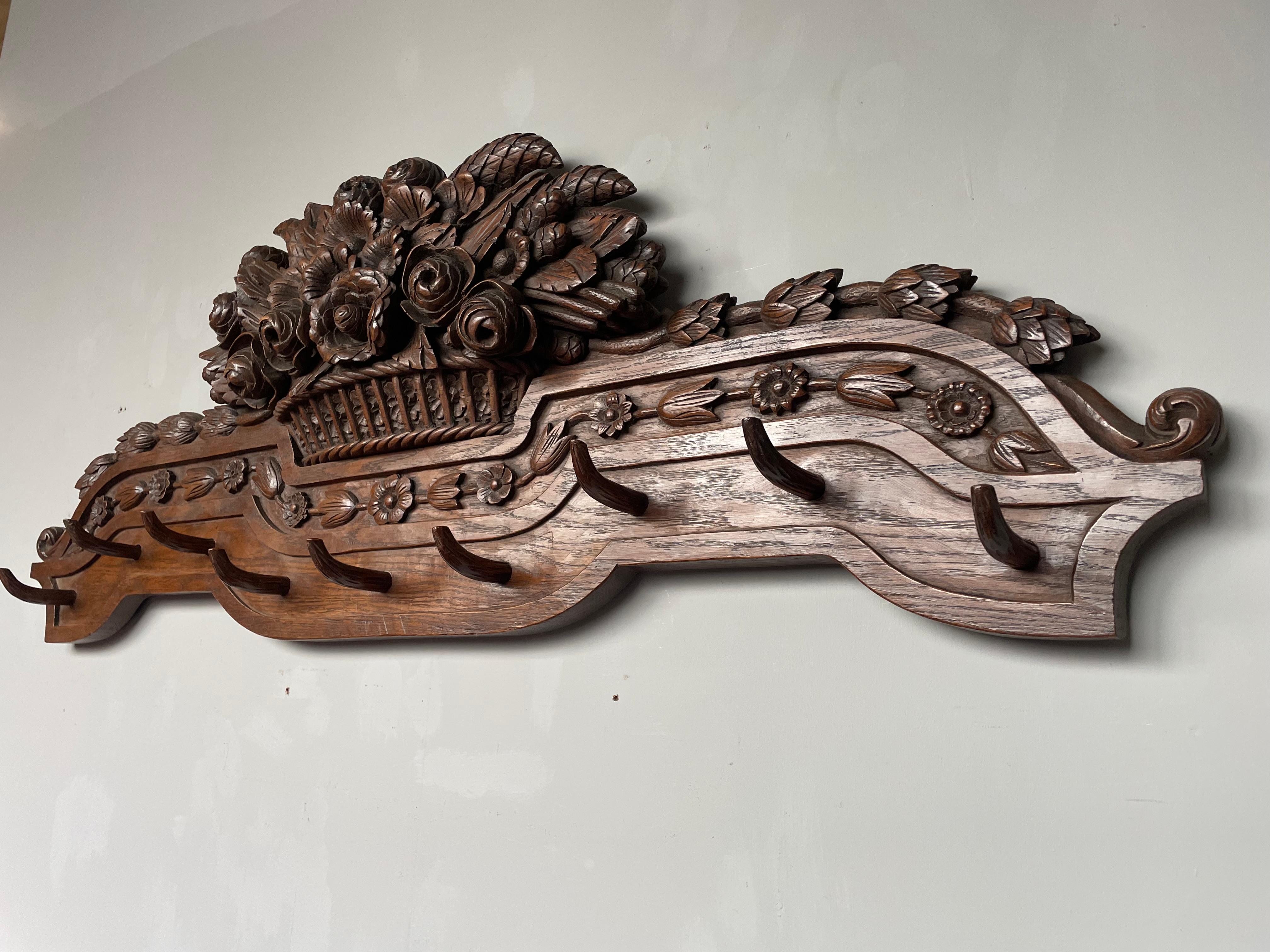 Large Antique Black Forest Wall Coat Rack w. Hand Carved Basket of Flowers 1890s For Sale 4