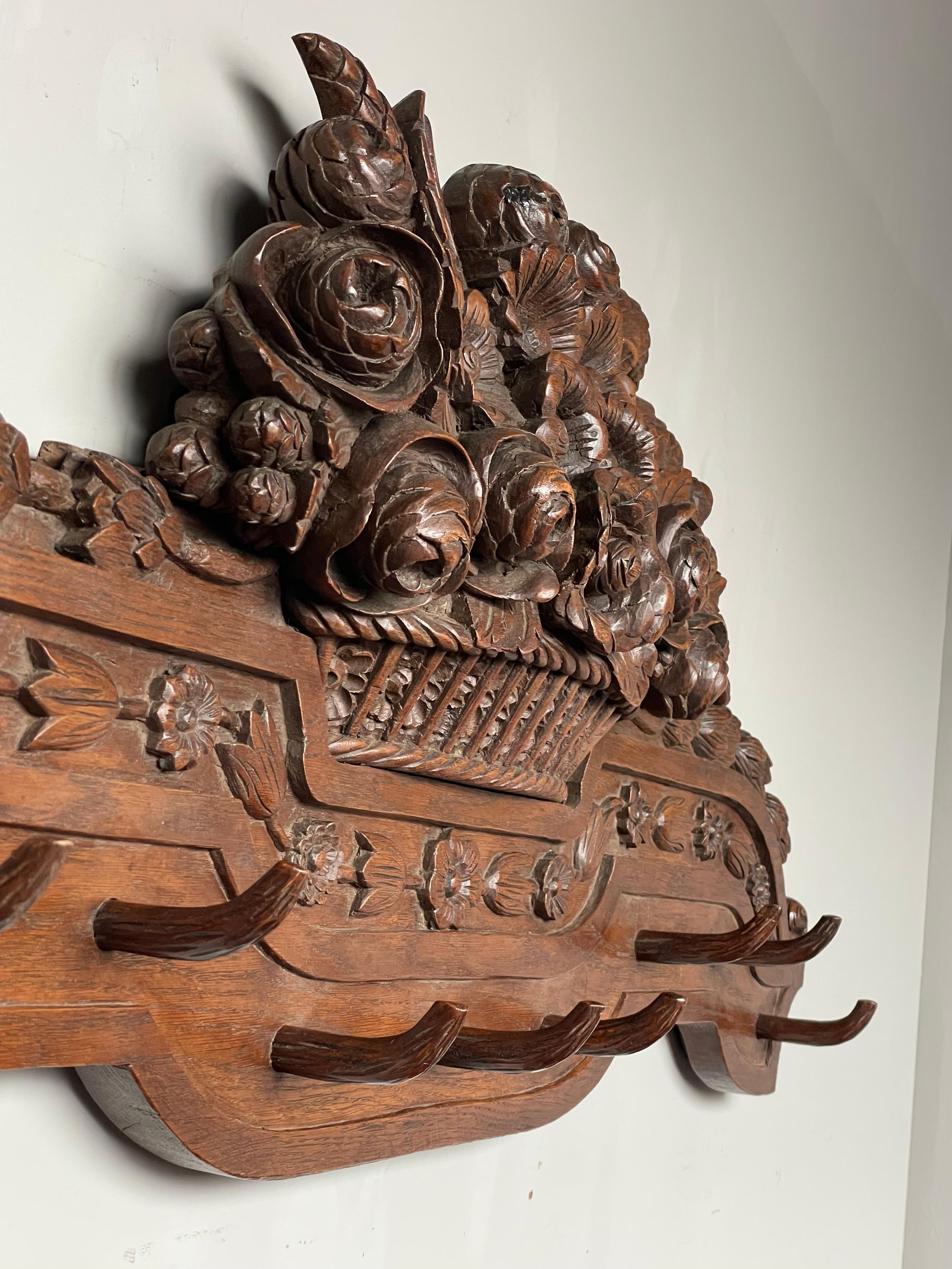 Large Antique Black Forest Wall Coat Rack w. Hand Carved Basket of Flowers 1890s For Sale 11