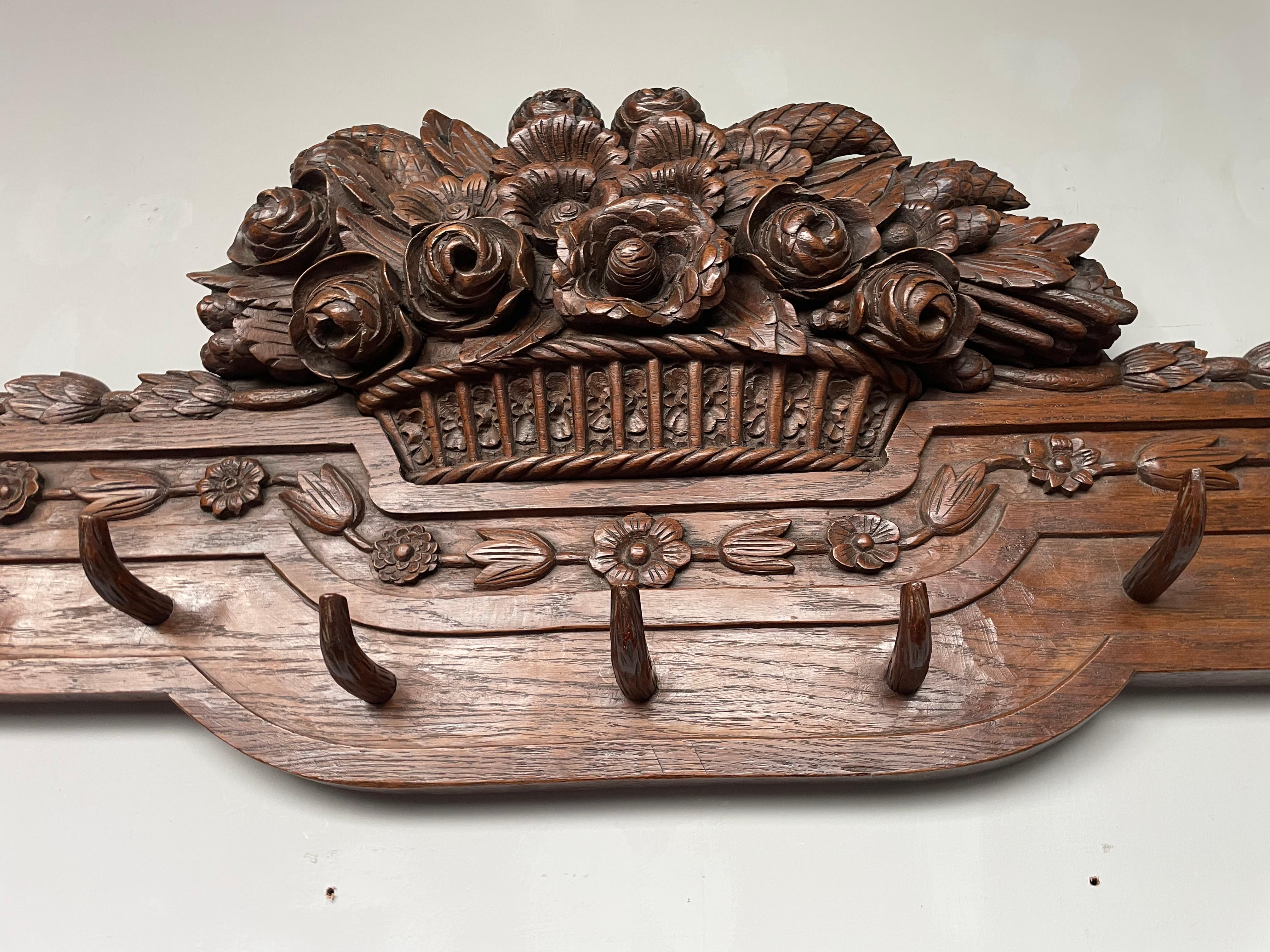 19th Century Large Antique Black Forest Wall Coat Rack w. Hand Carved Basket of Flowers 1890s For Sale