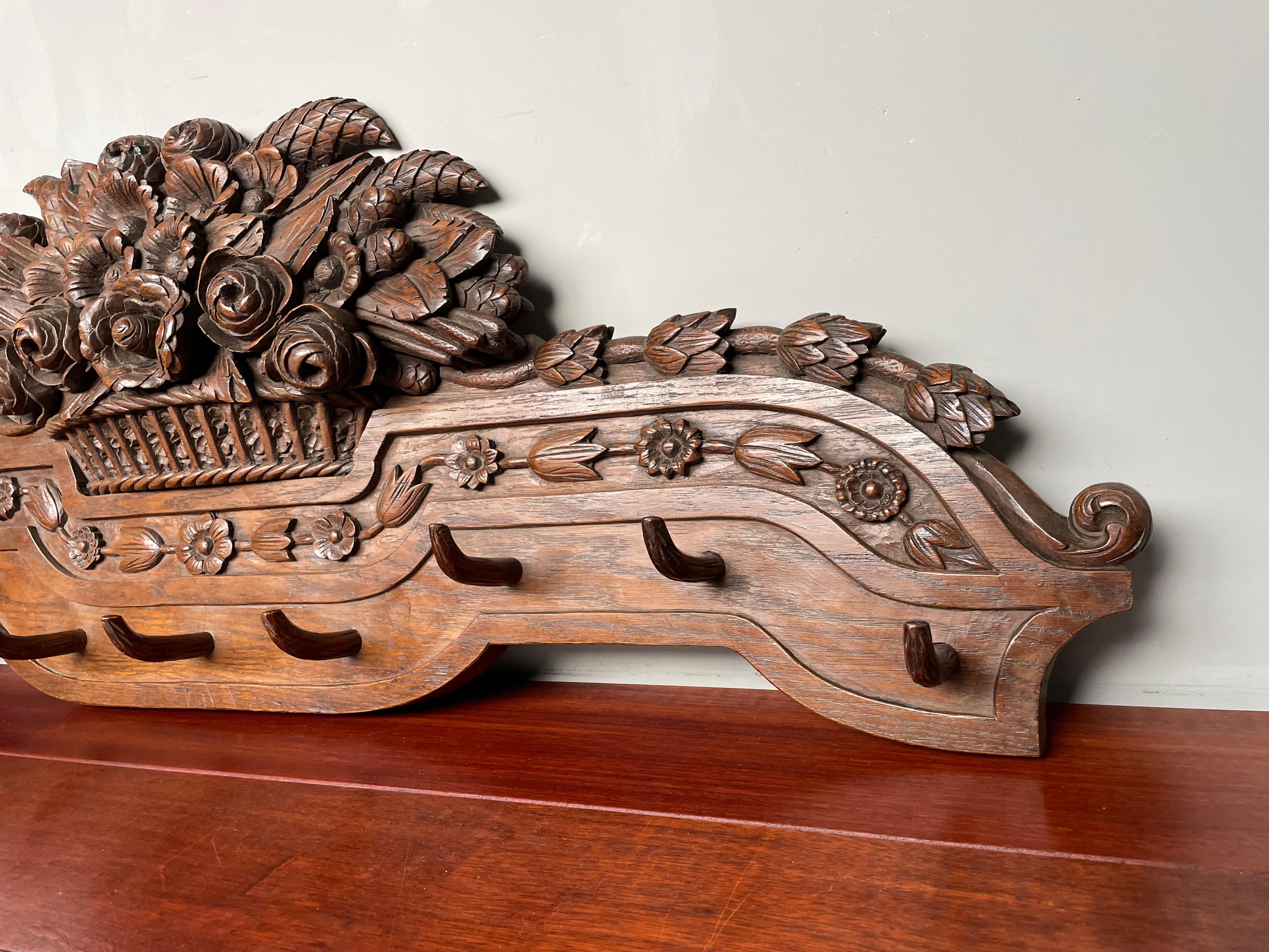 Large Antique Black Forest Wall Coat Rack w. Hand Carved Basket of Flowers 1890s For Sale 1