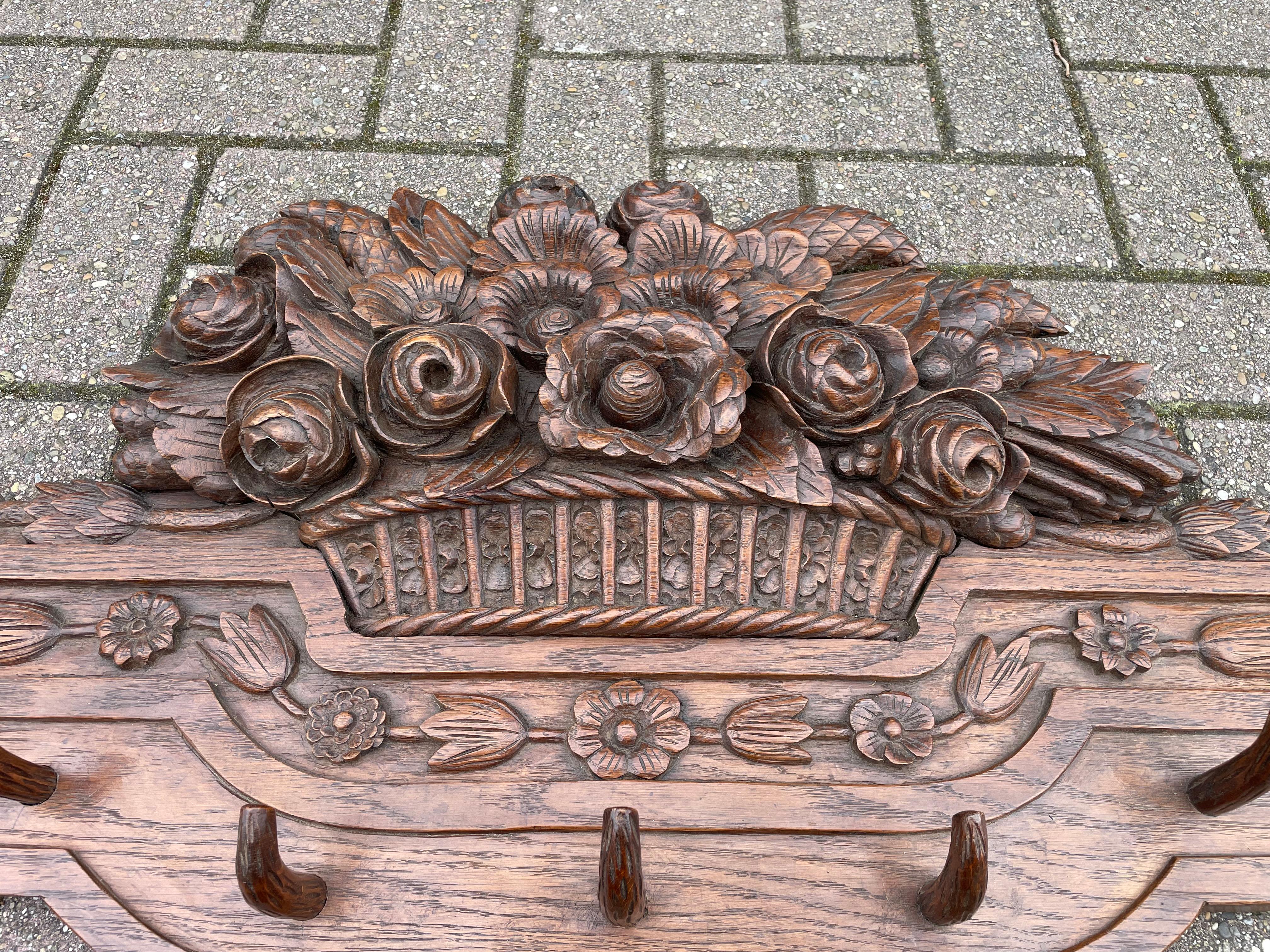 Large Antique Black Forest Wall Coat Rack w. Hand Carved Basket of Flowers 1890s For Sale 2