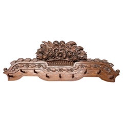 Large Antique Black Forest Wall Coat Rack w. Hand Carved Basket of Flowers 1890s