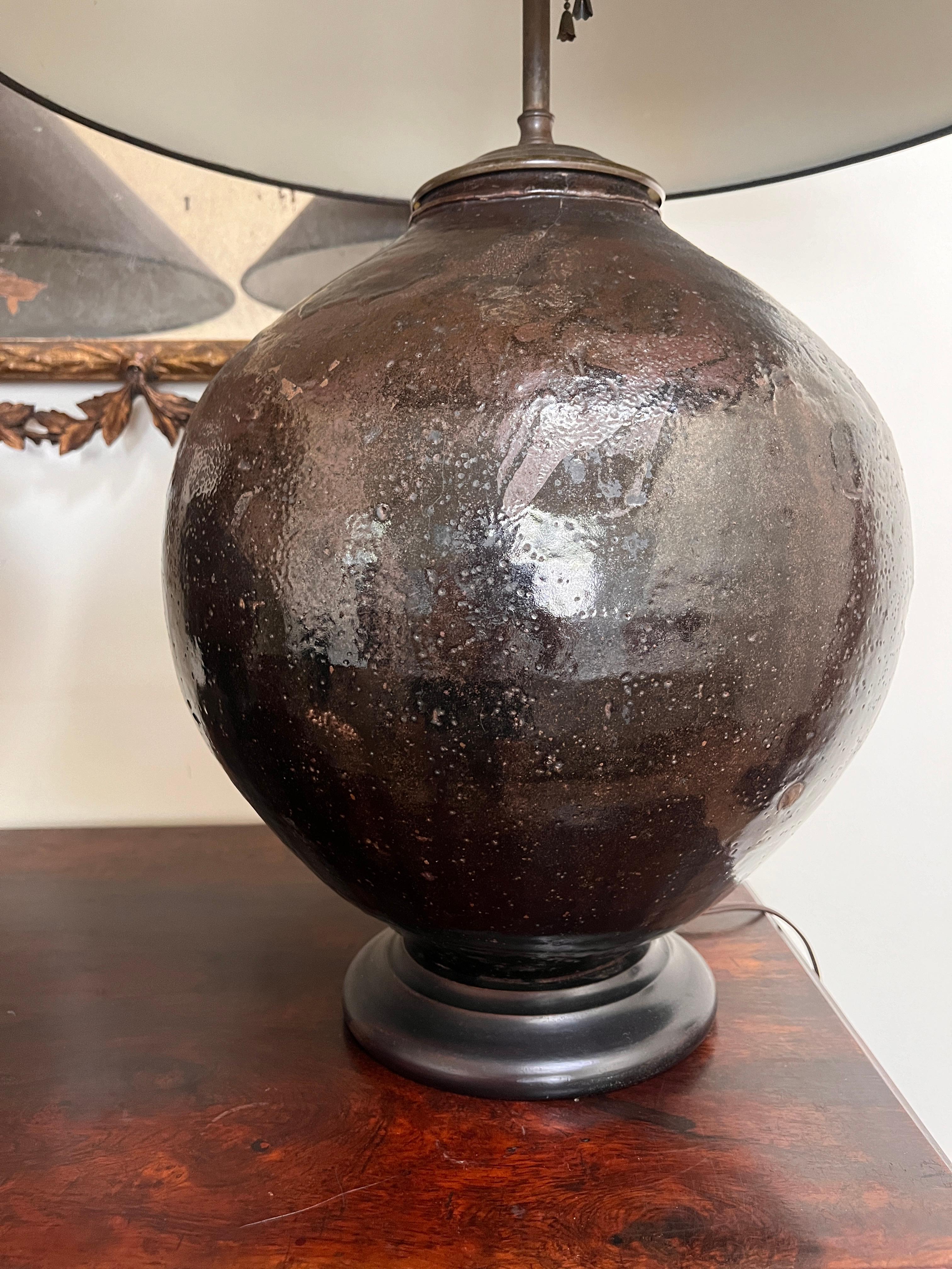 Large Antique Black-Glazed Clay Jar Lamps, Pair In Good Condition In Los Angeles, CA
