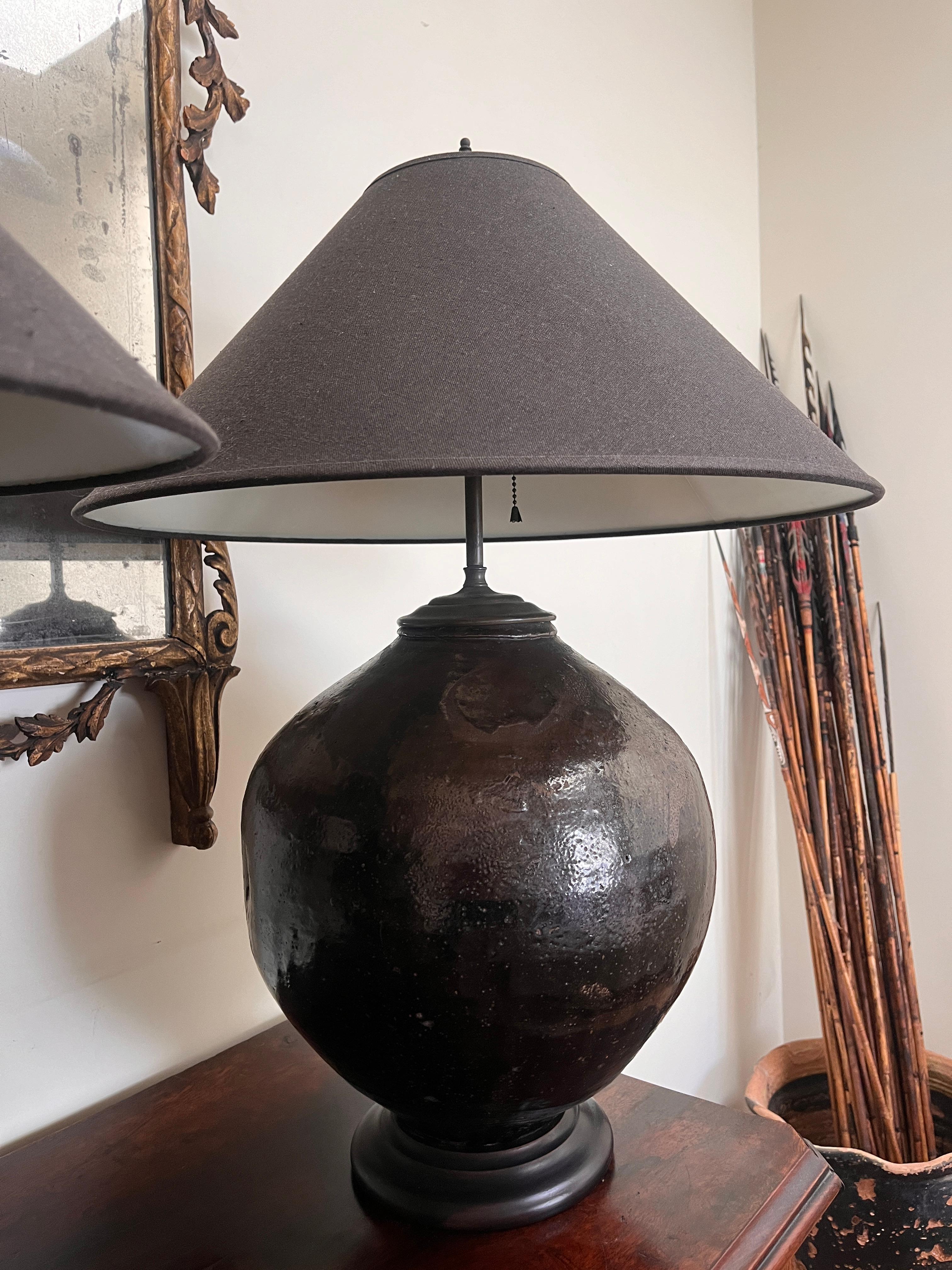 20th Century Large Antique Black-Glazed Clay Jar Lamps, Pair