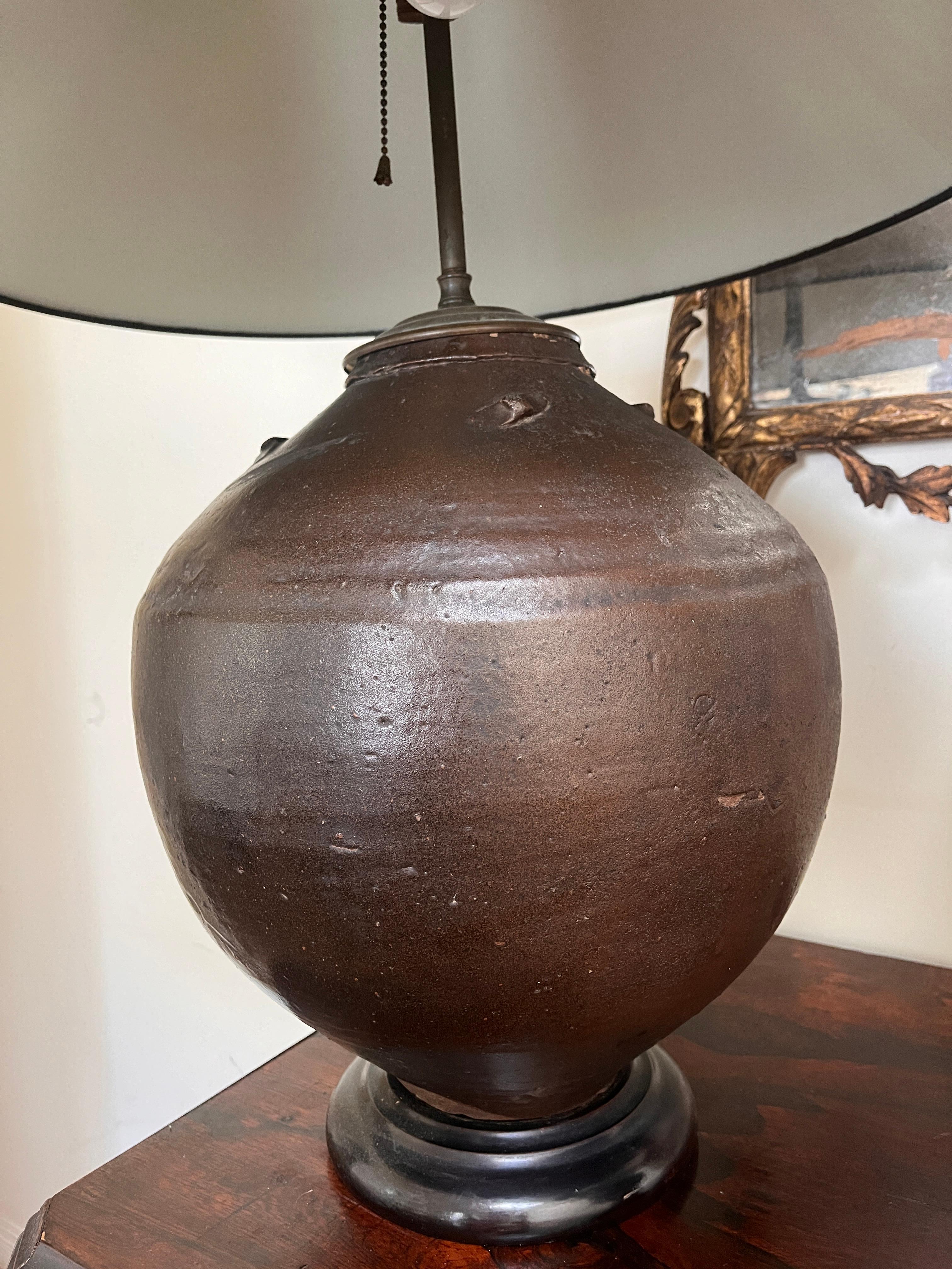 Ceramic Large Antique Black-Glazed Clay Jar Lamps, Pair