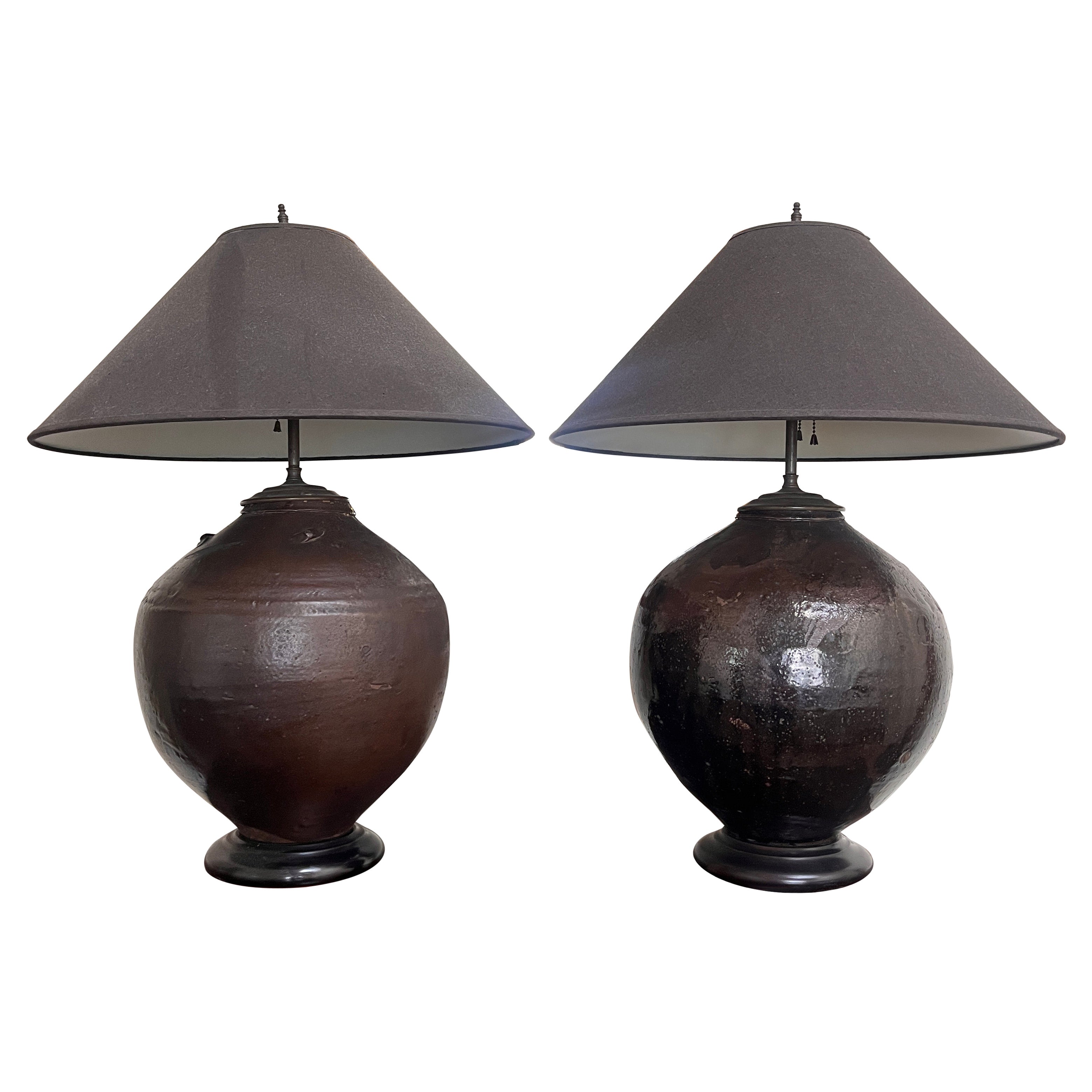 Large Antique Black-Glazed Clay Jar Lamps, Pair